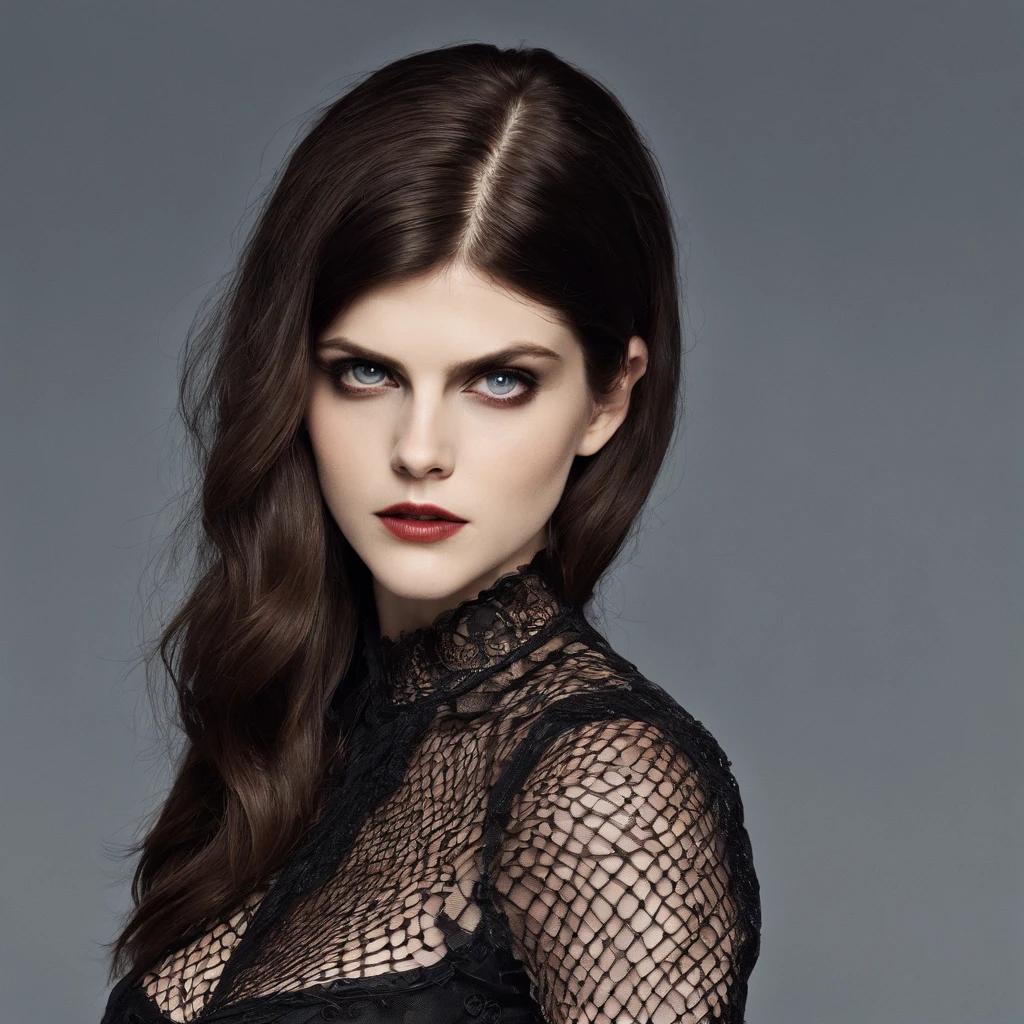 Alexandra Daddario in symbolic Gothic net clothes, 。.com (Arame farpado do corpo) cabelos morenos，Extremidades dos cabelos grisalhos