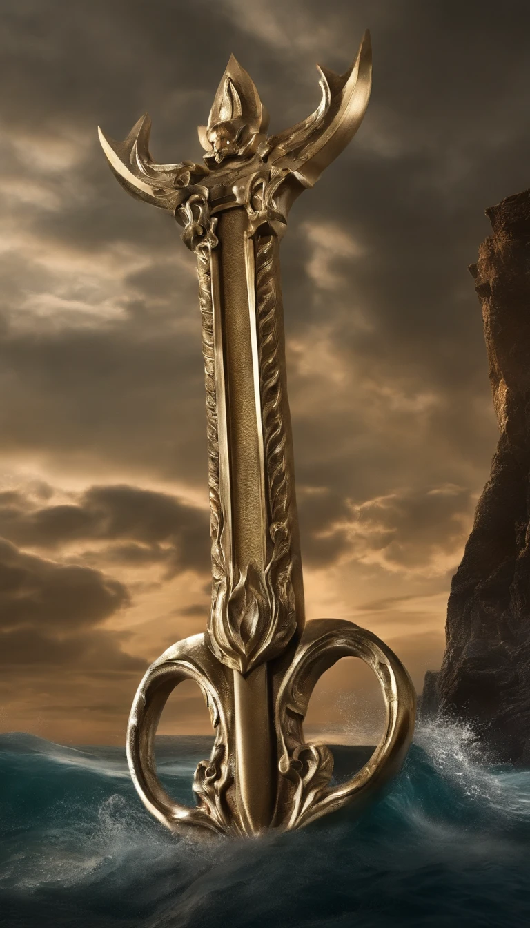 Poseidon's weapons,Poseidon scepter,trident,Legendary equipment,well decorated,Close-up at medium range