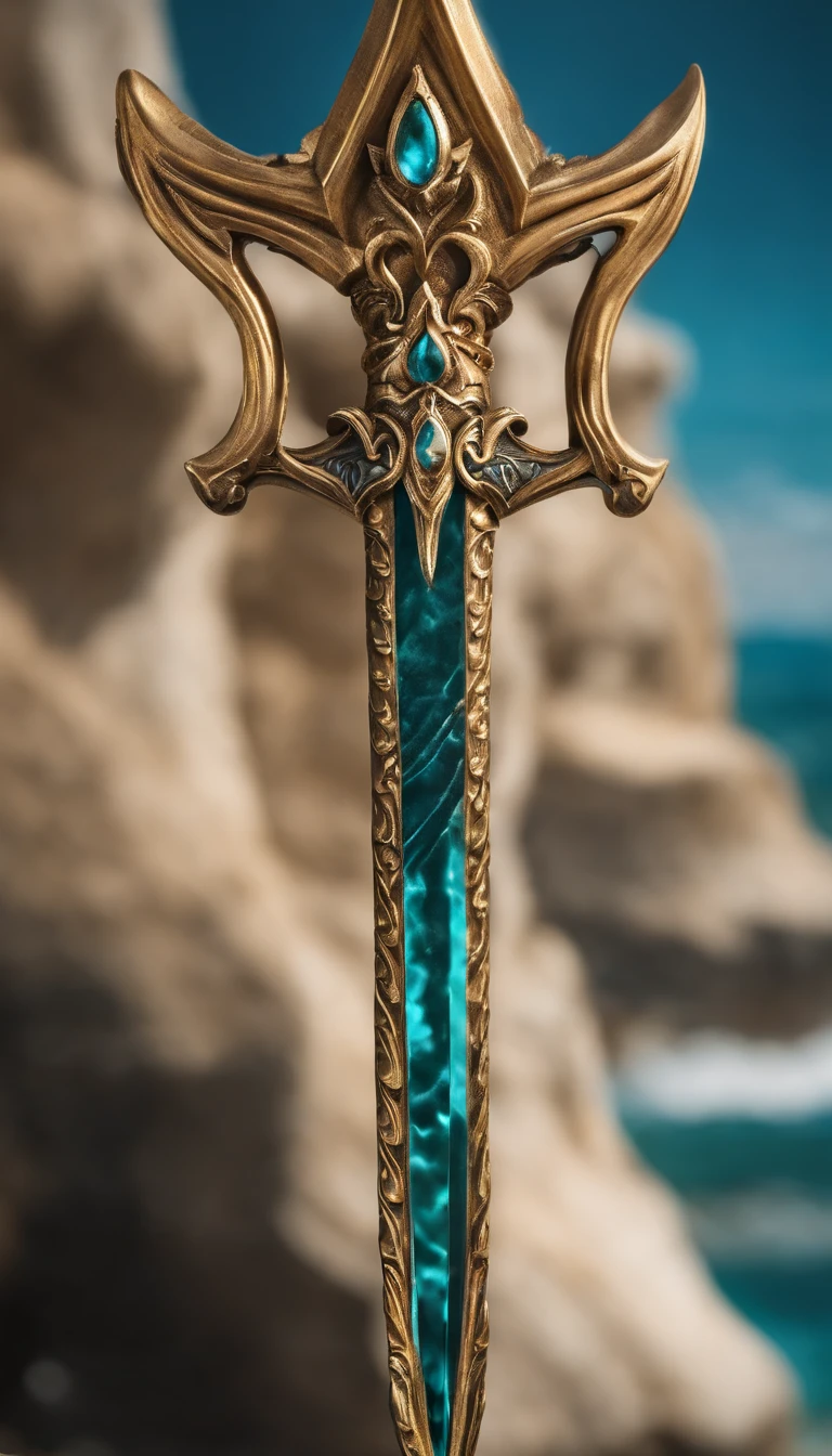 Poseidon's weapons,Poseidon scepter,trident,Legendary equipment,well decorated,Close-up at medium range
