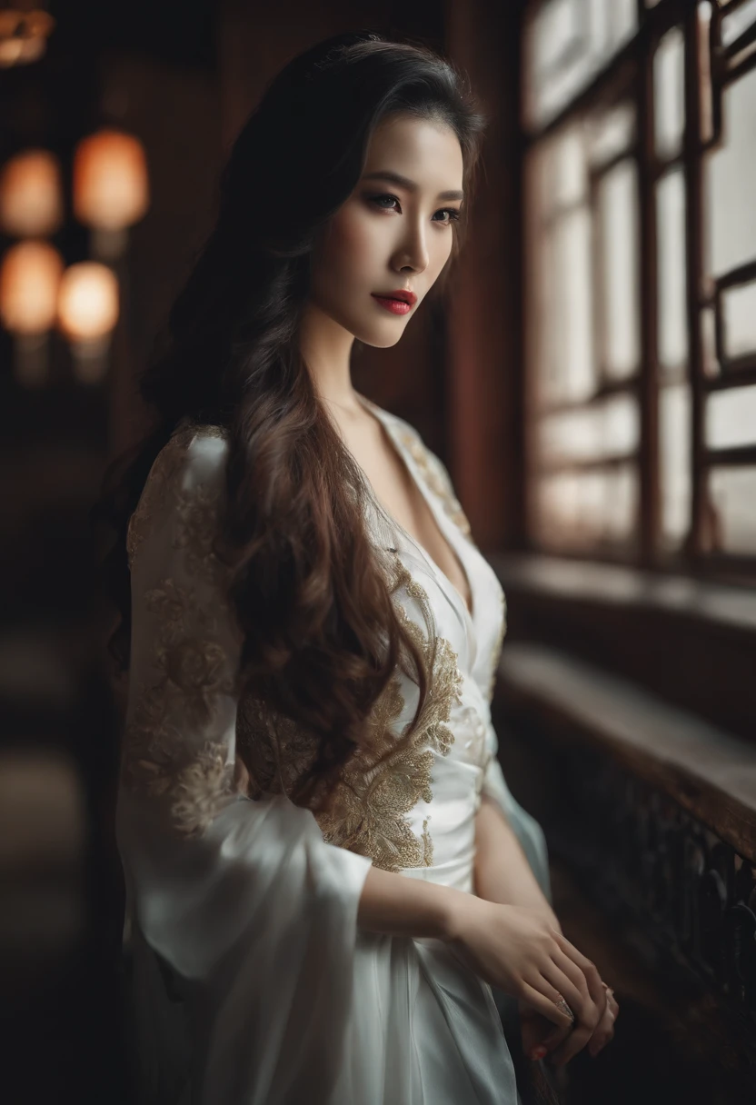 Masterpiece, Best quality, (Photorealistic:1.4), full bodyesbian, (dress:1.1)(evening formal robes:1.1)(Wisps 1.1)(Embroidered seedling edge Q1.1) view over city, Cinematic light, Beautiful woman, ((From any direction)), sport, Large breasts, Black hair,Chinese face, rim, Detailed dress,