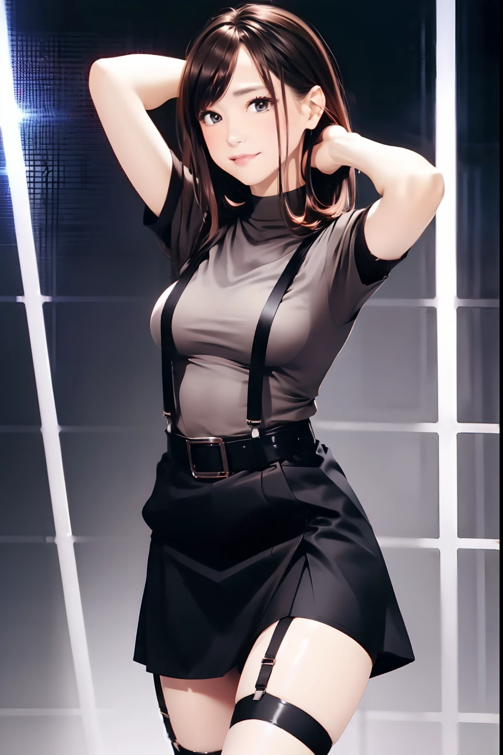 a woman in a short skirt posing for a picture, masayoshi suto and artgerm, anime visual of a young woman, blue turtleneck, wearing turtleneck, cute anime girl portrait, realistic anime style at pixiv, clean detailed anime art, artstyle : ilya kuvshinov, fubuki, anime visual of a cute girl
