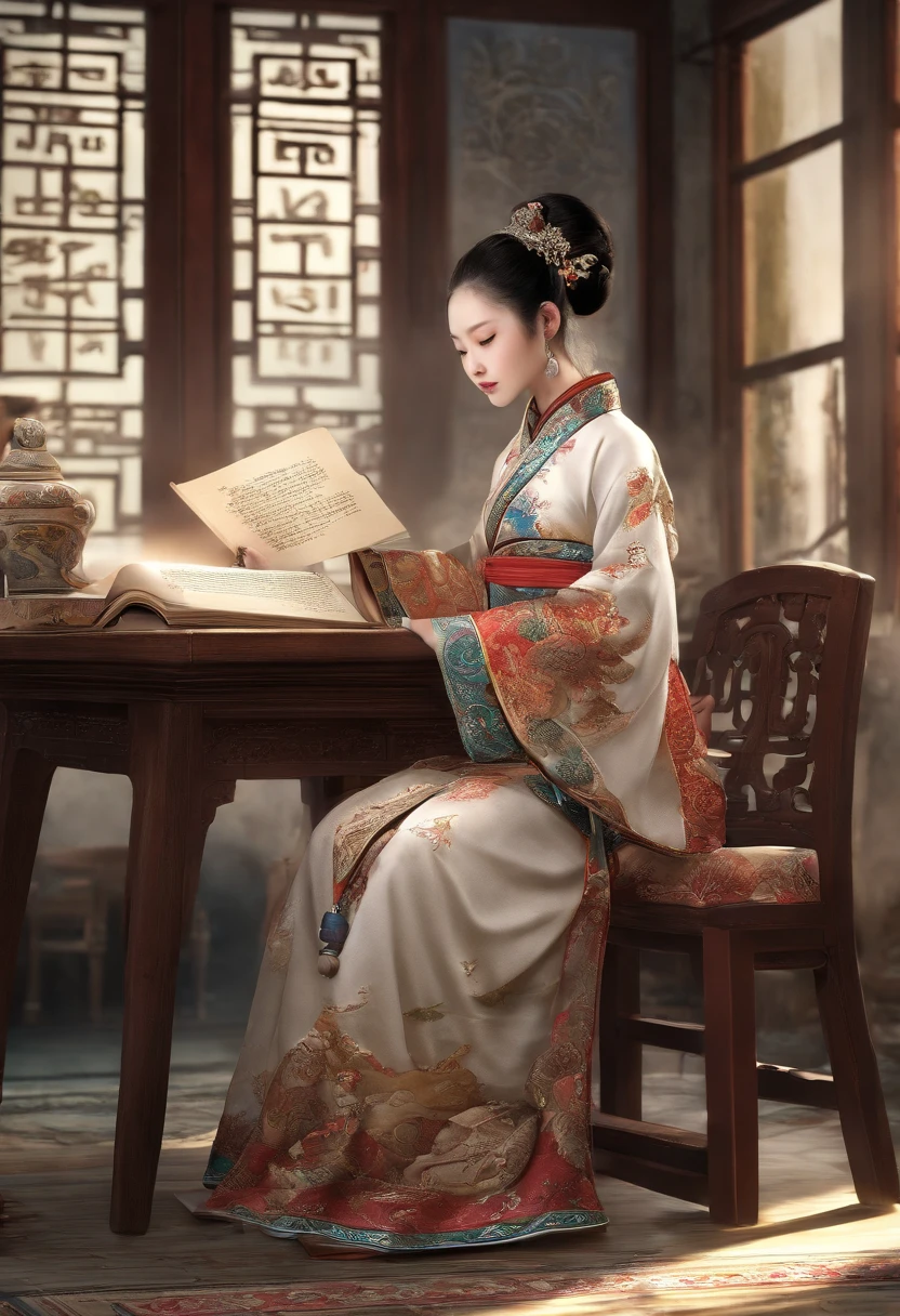 A beautiful woman from the Chinese Song Dynasty is reading a book of poetry,In front of her was a table,There is a cat under the table。There was a stack of books on the table,pen, ink and paper,Computer