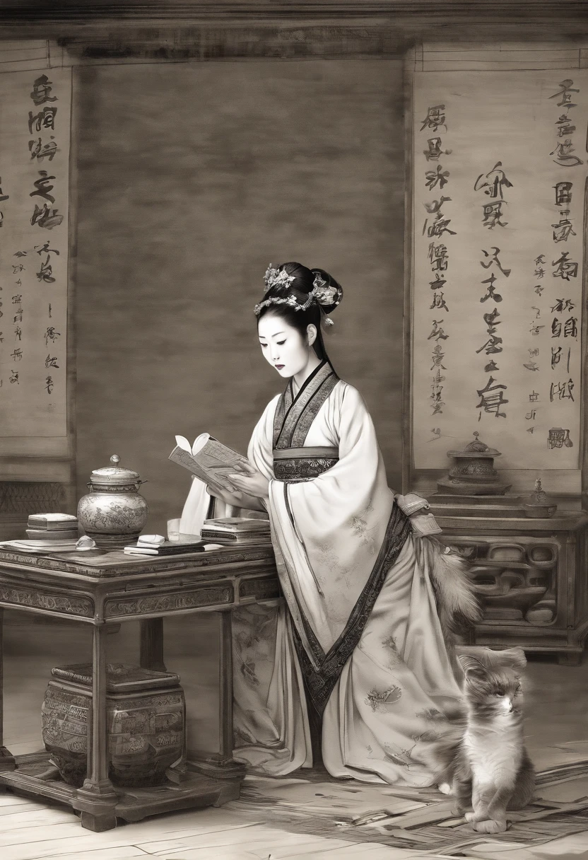 A beautiful woman from the Chinese Song Dynasty is reading a book of poetry,In front of her was a table,There is a cat under the table。There was a stack of books on the table,pen, ink and paper,Computer