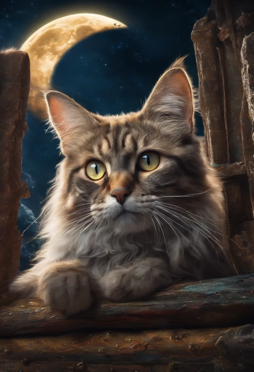 A fantastical scene of a cat playing with the moon, its fur shimmering in a 3D world of vibrant colors and textures.