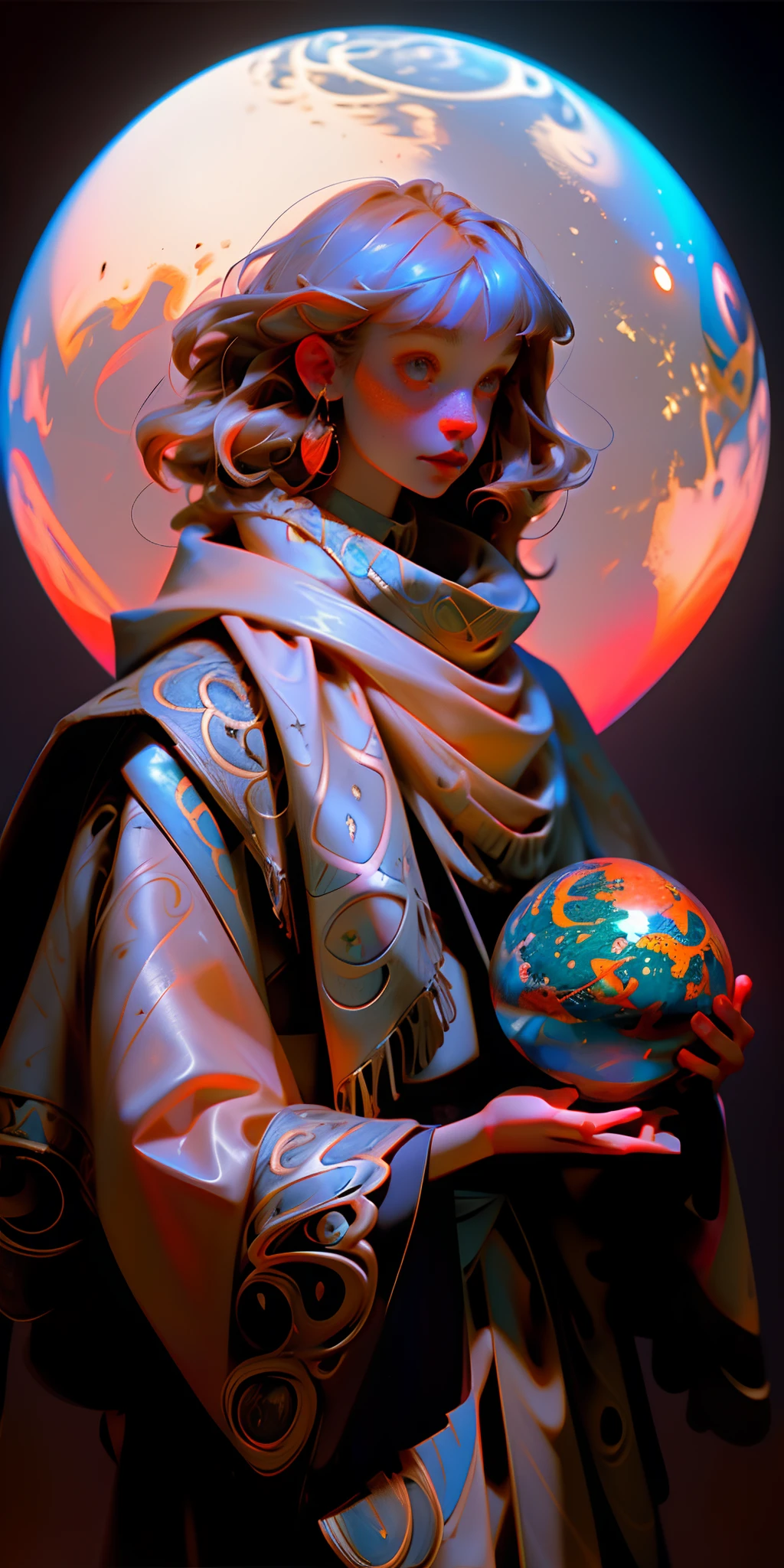 (Masterpiece, Best quality), 1girll, Shawl, freckle, Hold the sphere, Intricate, Upper body, bangs,Wizard style