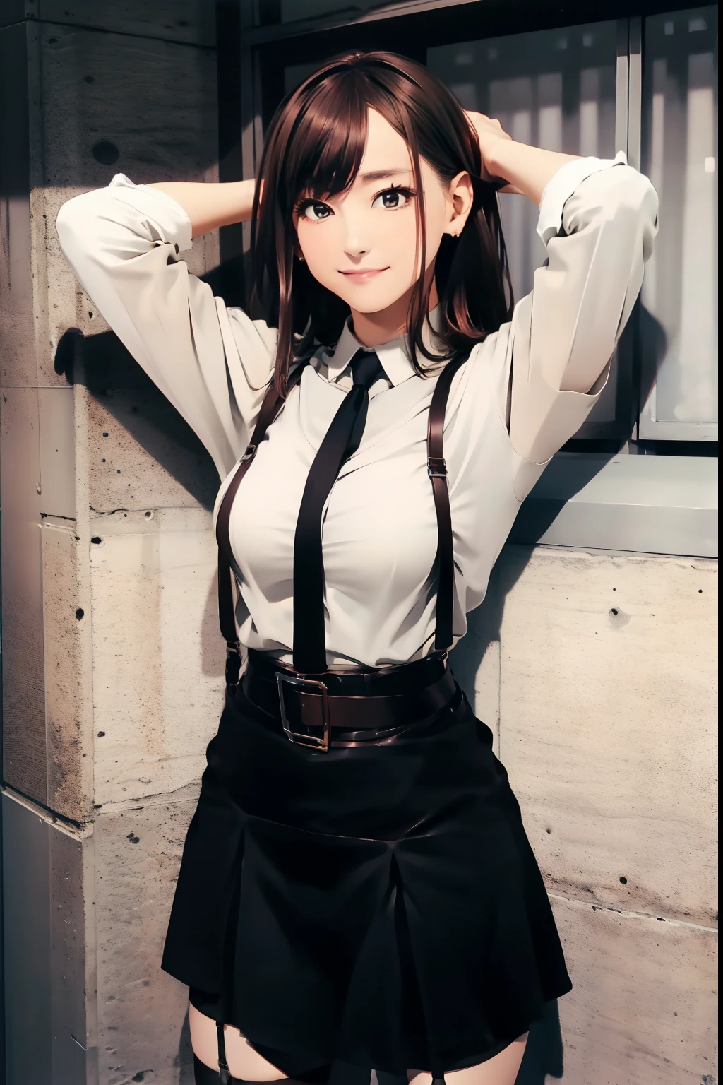 Black skirt, White cutter shirt　suspenders, Brown hair Gray eyes, Garter belt on the legs, Tight clothes, 　　 a belt　Armpit sweat　　deadpan　large full breasts　short-cut