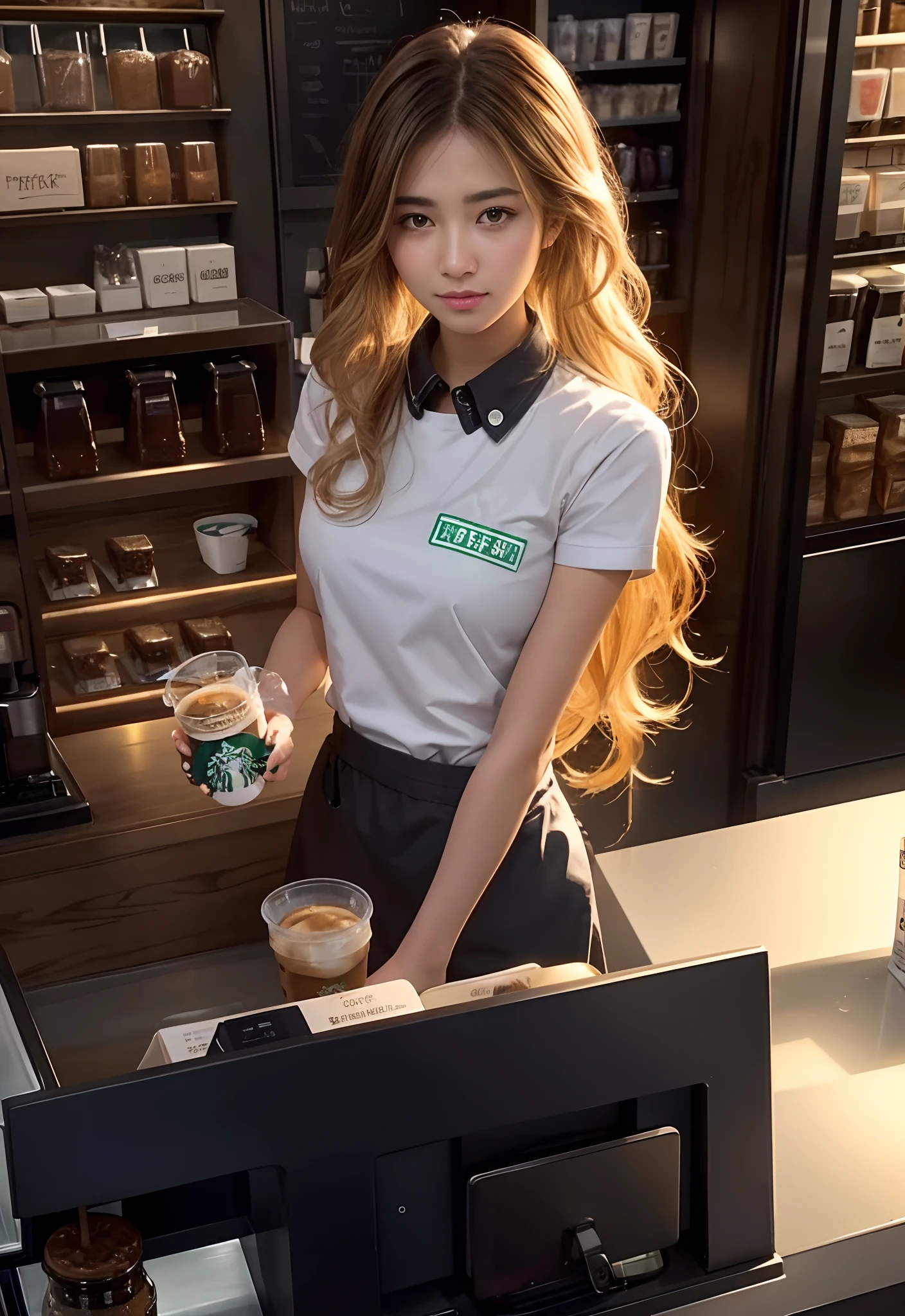 Araved woman standing behind a Starbucks counter with a drink, Mysterious Starbucks coffee shop girl, soda themed girl, Wearing a Starbucks uniform, ( Waitress ) trending at cgstation, , Anime girl in real life, trending on cgstation, At the counter, Coveralls