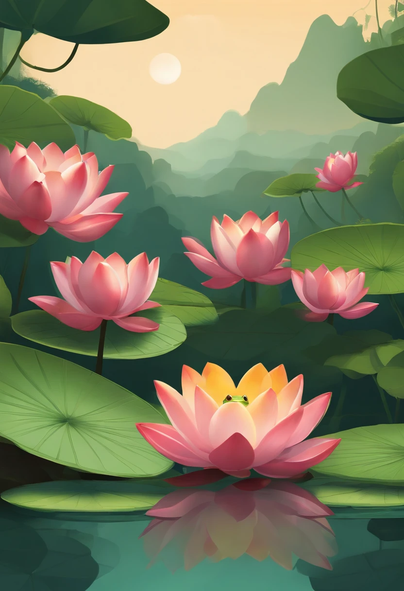 Flat illustration style，The solar term is a little hot，There are small frogs on the lotus leaves，lotuses，verde claro，Business posters