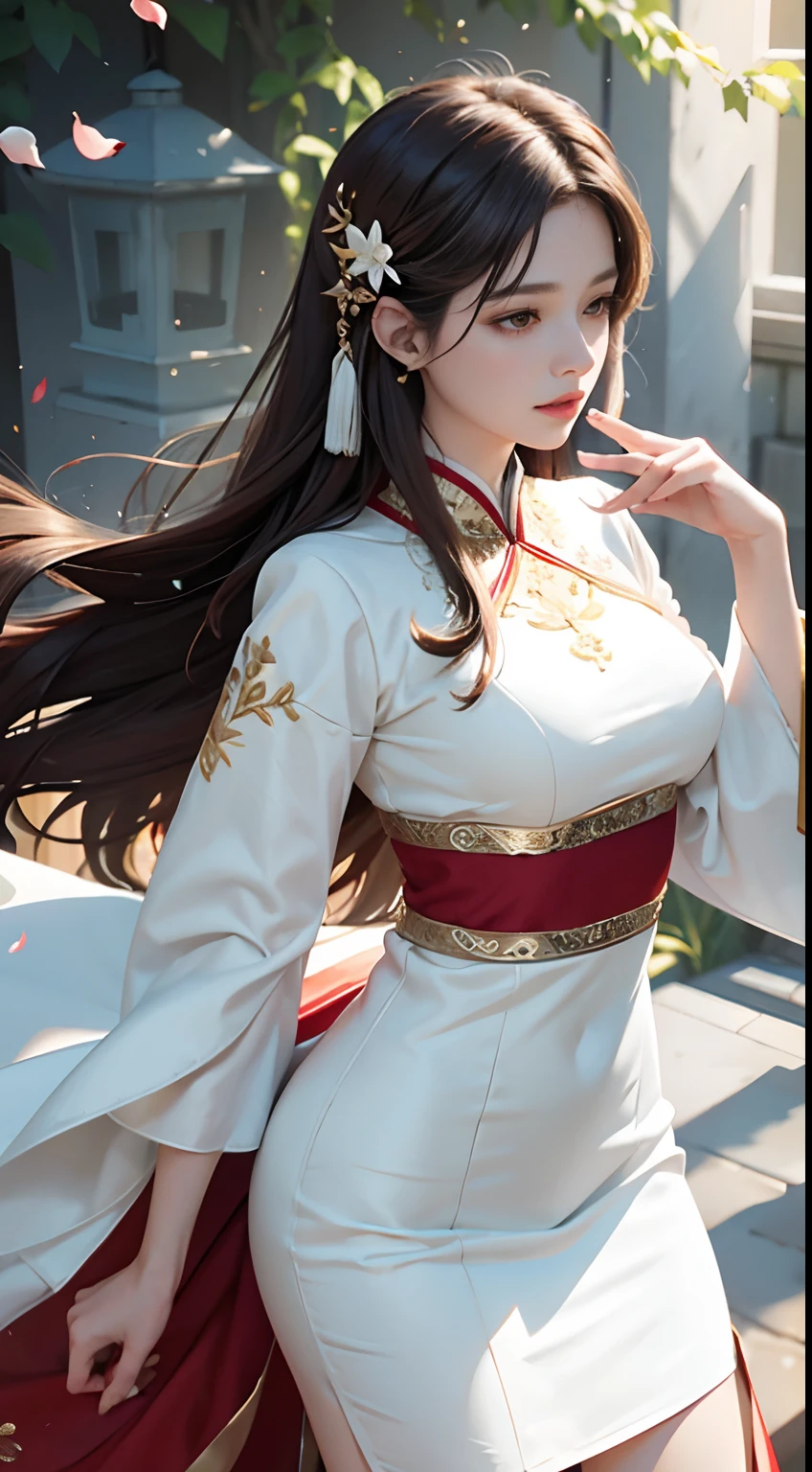 tmasterpiece,high qulity,High realism,(Delicate figure:1.5),The face is delicate,(Milky white skin:1.3),exquisitedetails,1female,独奏,shift dresses,hair adornments,(((Golden and red dress)) ), florals, Keep one's mouth shut, longer sleeves, Raise Hand, brown hair,largeeyes, Hanfu, Embroidery, natural poses, falling flower petals, exterior,Lanterns,16k,depth of fields,(filmgrain:1.1),(lens flare glow),rainbowing,(Color:1.5)