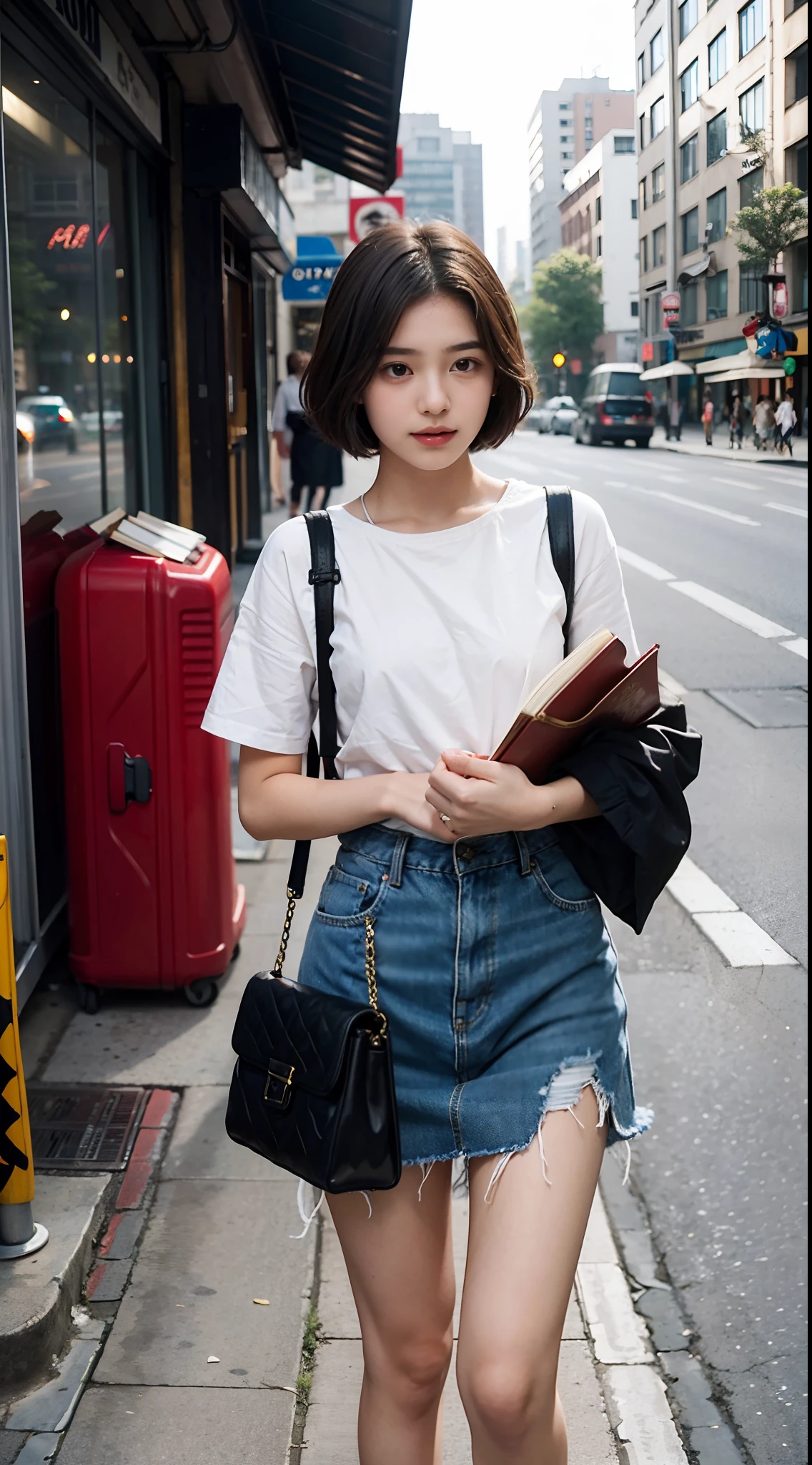 s girl,photographers,gentle and cute,short detailed hair,(Hold a book),(Carry-on baggage),the city street,Casual wear,