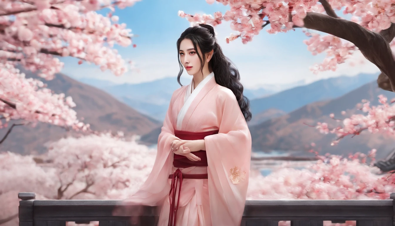 Danfeng Eyes，bushido，The upper part of the body，Black coiled hair，Simple hairpins，Cold eyes，solo person，orthofacial，frontage，Peach blossom background，Highly saturated colors，Hyper Real，8K high-definition，holding a longsword，Absolutely beautiful，high light，plethora of colors