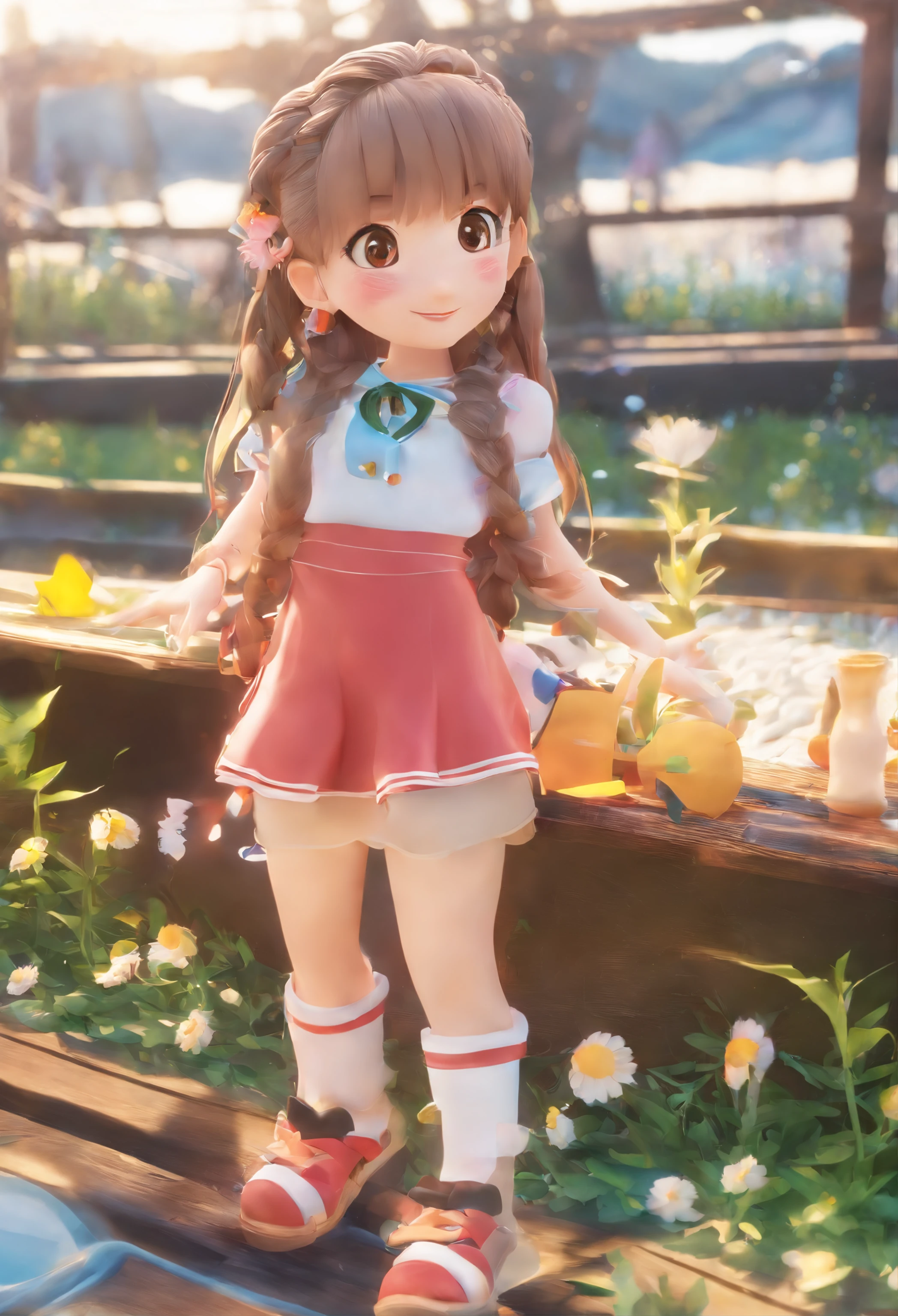 A girl with double braids,(boot),(A train traveling on the tracks),(Train full of sunflowers) moutains, grassy fields, Blue sky and white cloud background, and the sun was shining brightly, Cartoony, 3 d model, OC renderer, surrealism, hyper photorealism, 8K, Award-Awarded, Best quality, High quality, hyper HD, Super detail, A high resolution