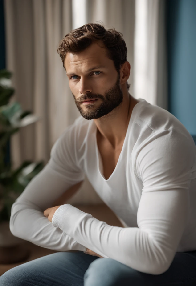 (Man wearing white t-shirt), ), (Wearing full beard,) Attractive and serious look, dark brown hair, Stylish and elegant, and strong body t-shirt, Man similar to actor Jamie Dornan, (High quality and realistic image), in the background Scandinavian apartment with desingner furniture and with blue wall color in the background, ((best quality, 8K, masterpiece).