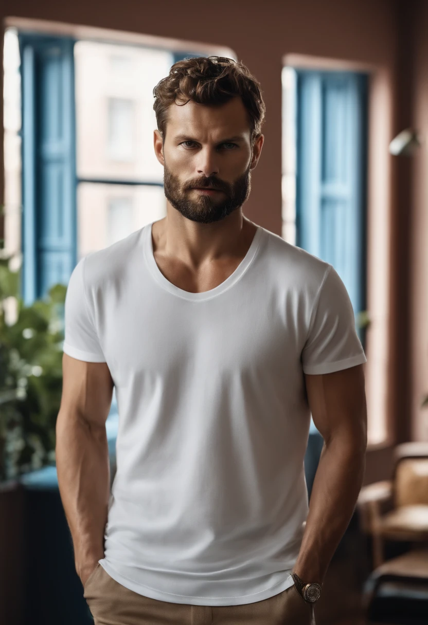(Muscular man in stylish clothes), ), (avec une longue barbe pleine,) (yeux bleus) (portrait) Attractive and serious appearance, Dark brown hair, Elegant and elegant, et t-shirt fort, Man resembling actor Jamie Dornan, (Realistic and high-quality image), in the background Scandinavian apartment with designer furniture and blue wall color in the background, ((the best quality, 8k, шедевр).