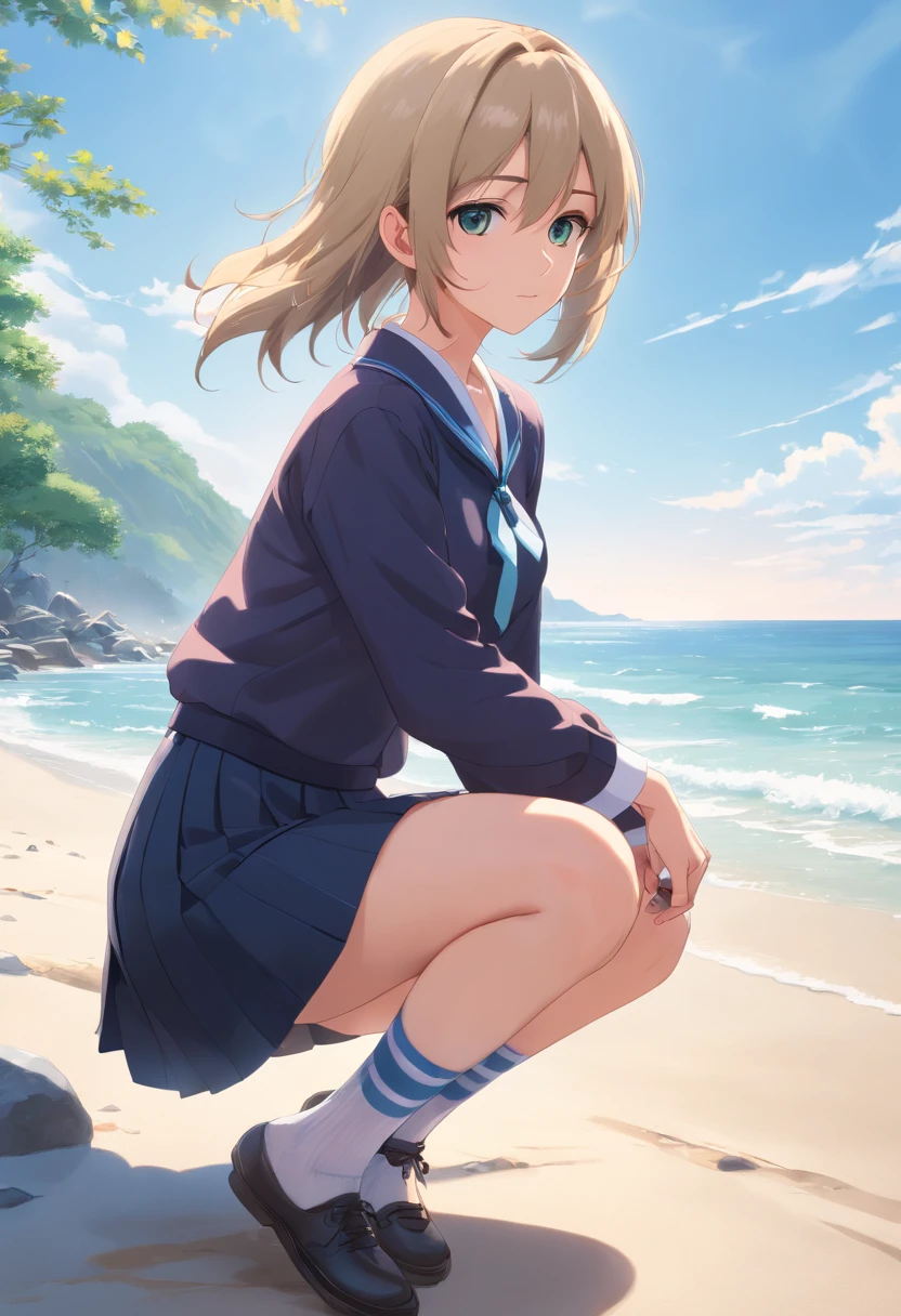 ((masterpiece)), ((best quality)), ((highres)), ((extremely detailed CG unity 8k wallpaper)), solo, tachibana kanade, tan school uniform, black skirt, white socks, outdoors, face, curtained hair, beach, parted hair, silver hair