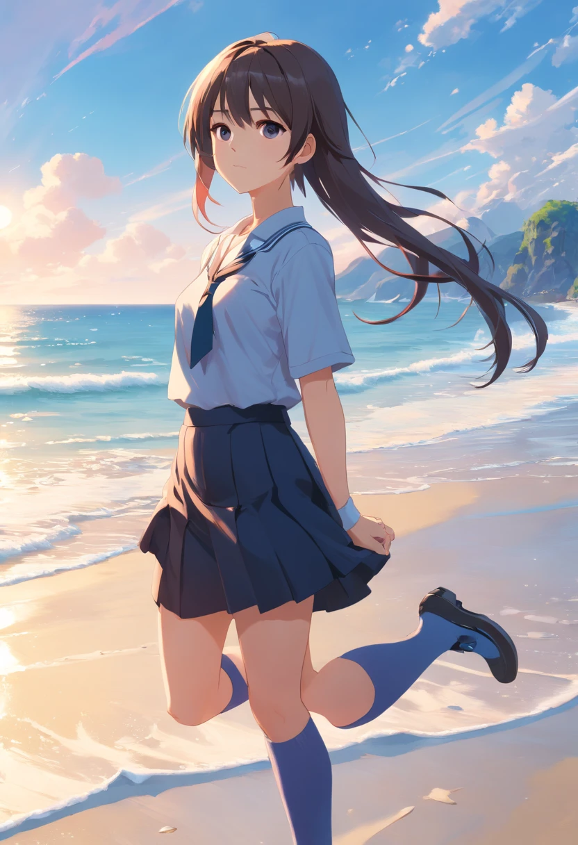 ((masterpiece)), ((best quality)), ((highres)), ((extremely detailed CG unity 8k wallpaper)), solo, tachibana kanade, tan school uniform, black skirt, white socks, outdoors, face, curtained hair, beach, parted hair, silver hair