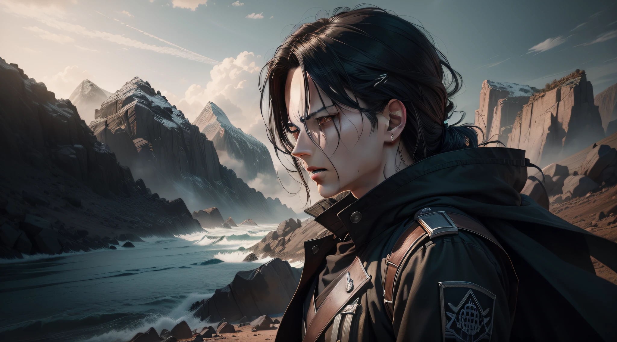levi ackerman,manga style,attack on titan,angry,black clothes,(best quality,4k,8k,highres,masterpiece:1.2),ultra-detailed,(realistic,photorealistic,photo-realistic:1.37),portraits,landscape,colorful palette,dramatic lighting,long,smooth hair,fierce expression,scout regiment uniform,blade with intricate details,3D rendering