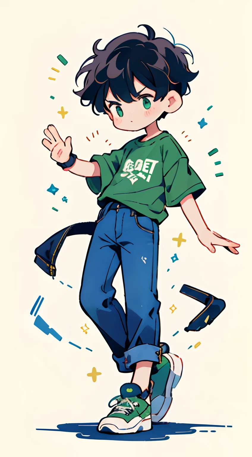 One boy、black hair, Nail-headed hair、cute、he wears green shirt and ((short jeans)) , wearing a dark cap,He is dancing,  ​masterpiece,top-quality, Top image quality