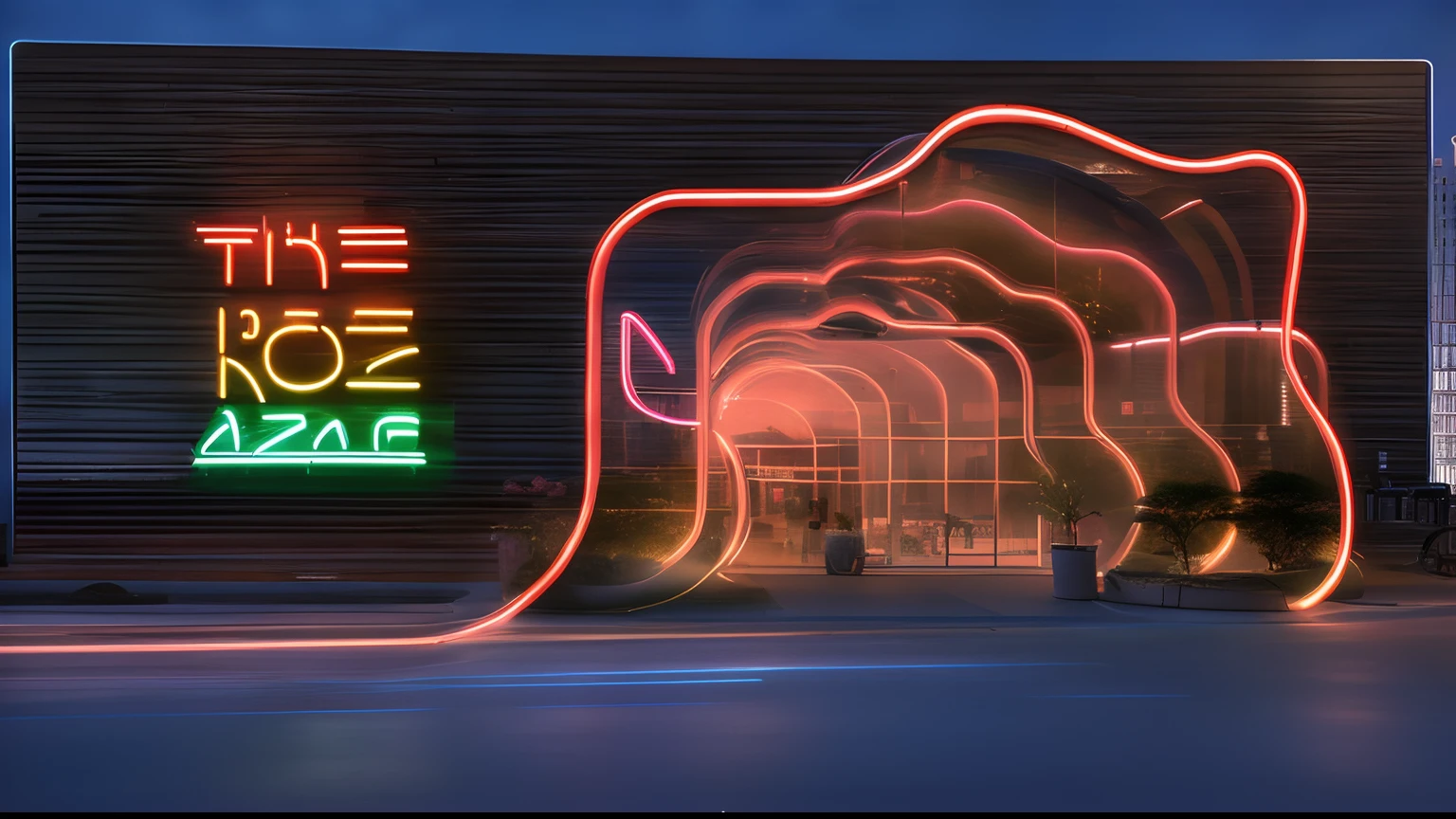 There is a tunnel with neon signs and a building with park signs, path tracing render, pods, solarpunk cantine, peak experience ”, path-traced, ambient cave lighting, 3 d render even lit, under below, futuristic pizza hut at night, neon glowing wood, neon ambient lighting, lined with neon tube lights, concept-art. 8 k''