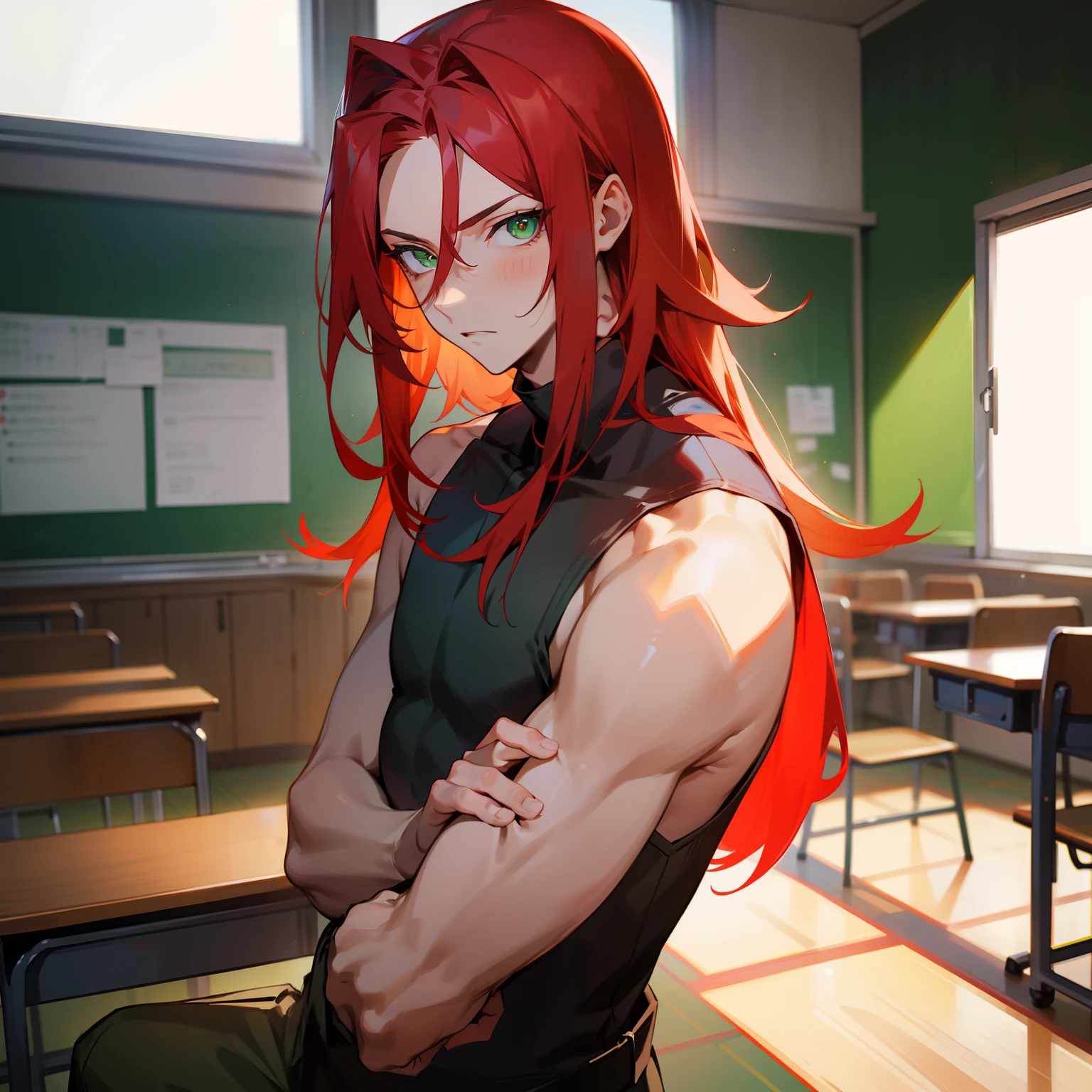 A boy with red shoulder length hair and green eyes, bad boy, in classroom, masyerpiece, hot