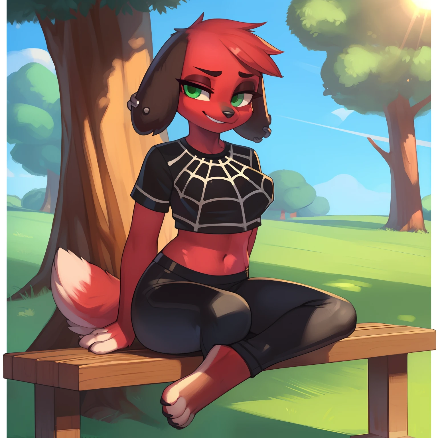 [Cherry; Animal Crossing], [Uploaded to e621.net; (Pixelsketcher), (wamudraws)], ((masterpiece)), ((solo portrait)), ((full body)), ((feet visible)), ((furry; anthro)), ((detailed fur)), ((detailed shading)), ((beautiful render art)), {anthro; (red fur, black nose), cute green eyes, (black spot over left eye), black lop ears, smug smirk, white teeth, small fluffy tail, (beautiful feet)}, {(goth), (spiderweb tee shirt), (midriff), small boobs, black yoga pants}, {(sitting on bench), (hands in lap), (pigeon-toed)}, [background; (park), (trees), (sun rays through trees)]