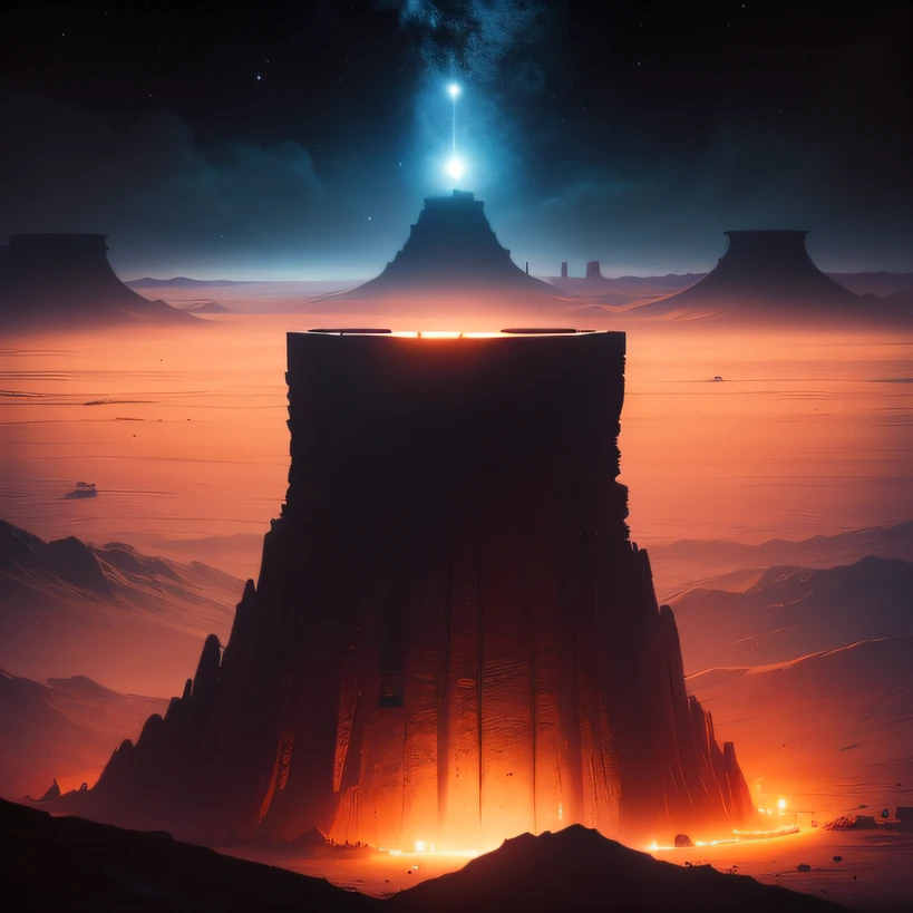 an alien base (very detailed) with several exhaust fans and chimneys in the middle of a mountainous desert, some spotlights coming out of the base to light up the dark place, (extreme night), some clouds in the night sky, some planets around to give an unknown planet air