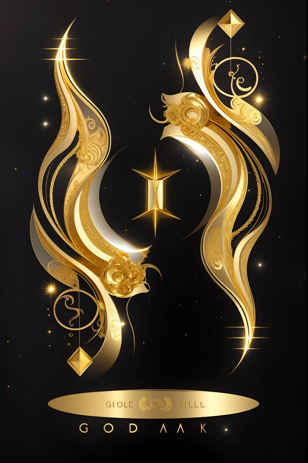 Close up of gold and black poster on black background, beautiful gemini good and evil, intricate gold elements, beautiful gemini twins portrait, Beautiful Gemini twins, 8 intricate golden tenticles, ornate galactic gold, baroque marble and gold in space, Gemini, golden inlays, luxurious ornate golden jewelry, 8K high quality detailed art, 3D design of tattoo
