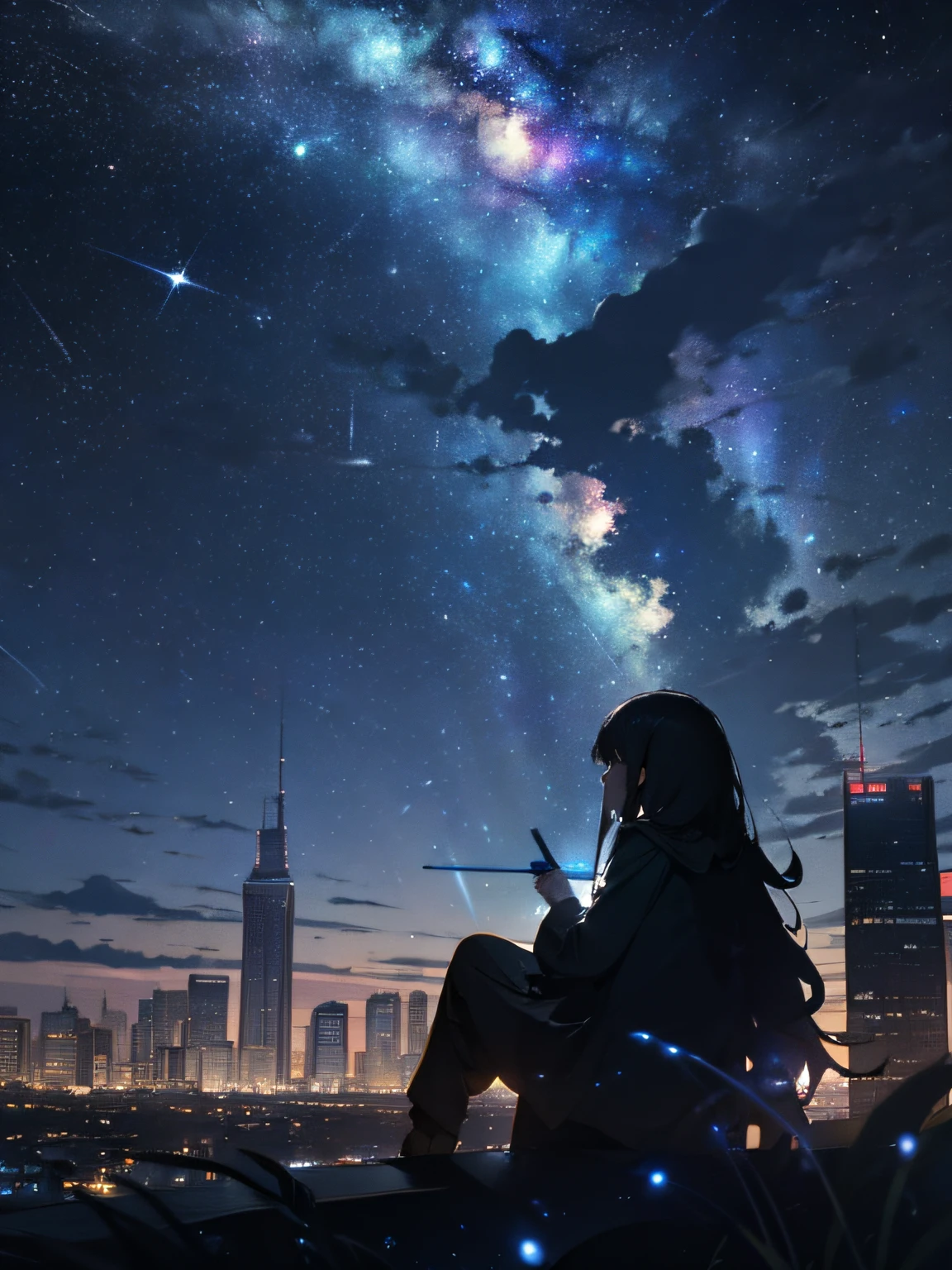 sky, star (sky), scenery, starry sky, night, 1girl, night sky, solo, outdoors, building, cloud, milky way, sitting, tree, long hair, city, silhouette, cityscape