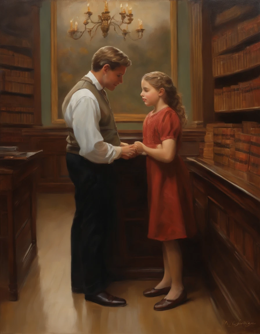 A teacher and a student,classic oil painting,capturing essence and emotions,realistic depiction of features,college professor guiding a young learner,warm and nurturing environment,captivating facial expressions,well-defined contours,rich brushstrokes,layered colors,studio lighting,subtle shadows,high resolution(masterspiece:1.2),ultra-detailed,photorealistic,soft color palette,eye-catching composition,dynamic interaction between characters,sophisticated academic setting,book-filled library background,engaged in deep conversation,wise and experienced mentor,curious and enthusiastic student,traditional poses,authentic attire,expressive hands gestures,evoking curiosity and enlightenment,artistic realism,visual storytelling.