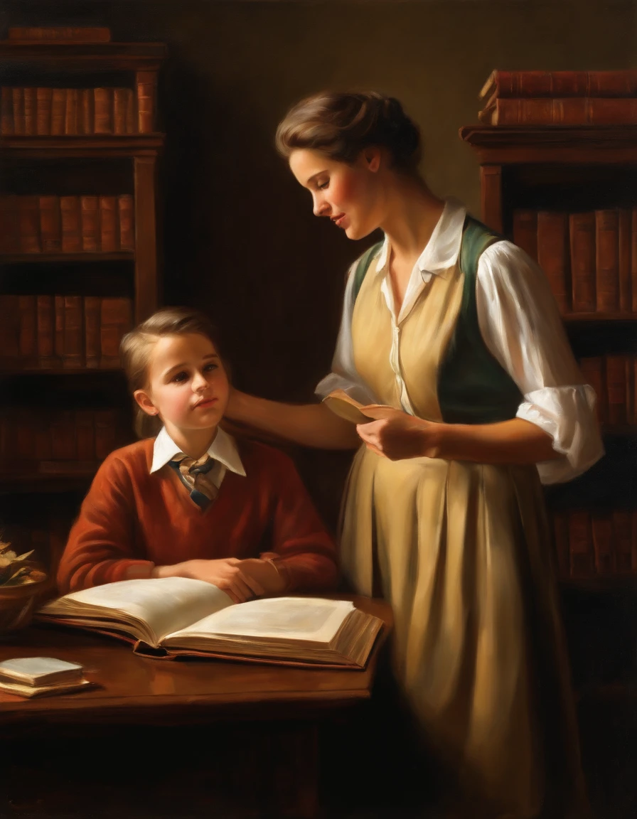 A teacher and a student,classic oil painting,capturing essence and emotions,realistic depiction of features,college professor guiding a young learner,warm and nurturing environment,captivating facial expressions,well-defined contours,rich brushstrokes,layered colors,studio lighting,subtle shadows,high resolution(masterspiece:1.2),ultra-detailed,photorealistic,soft color palette,eye-catching composition,dynamic interaction between characters,sophisticated academic setting,book-filled library background,engaged in deep conversation,wise and experienced mentor,curious and enthusiastic student,traditional poses,authentic attire,expressive hands gestures,evoking curiosity and enlightenment,artistic realism,visual storytelling.