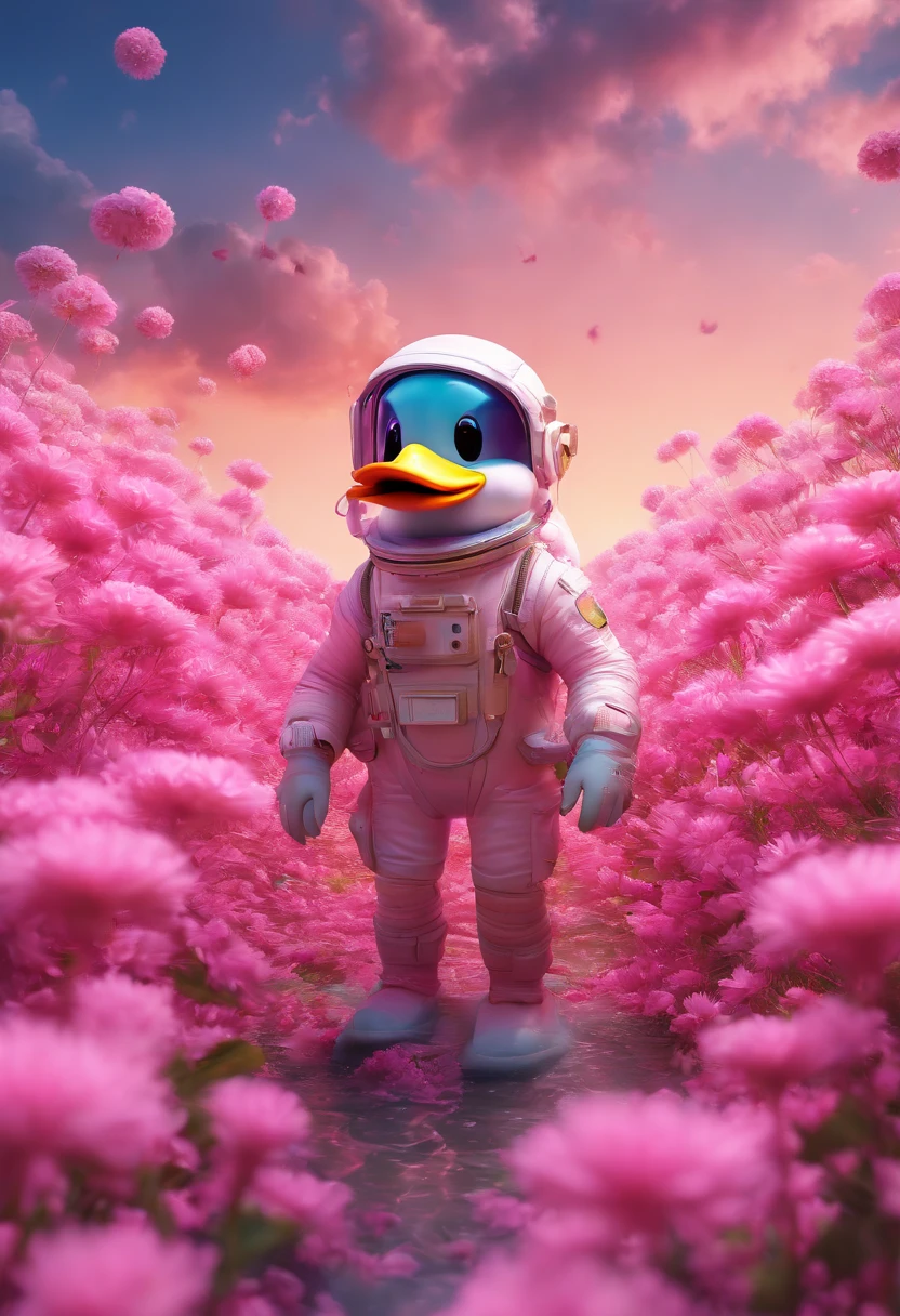 The duck-headed astronaut walks in the sea of flowers dotted with pink clouds,The astronaut who is alone,The astronaut cannot leave this planet,The astronaut is lost in space without limits.