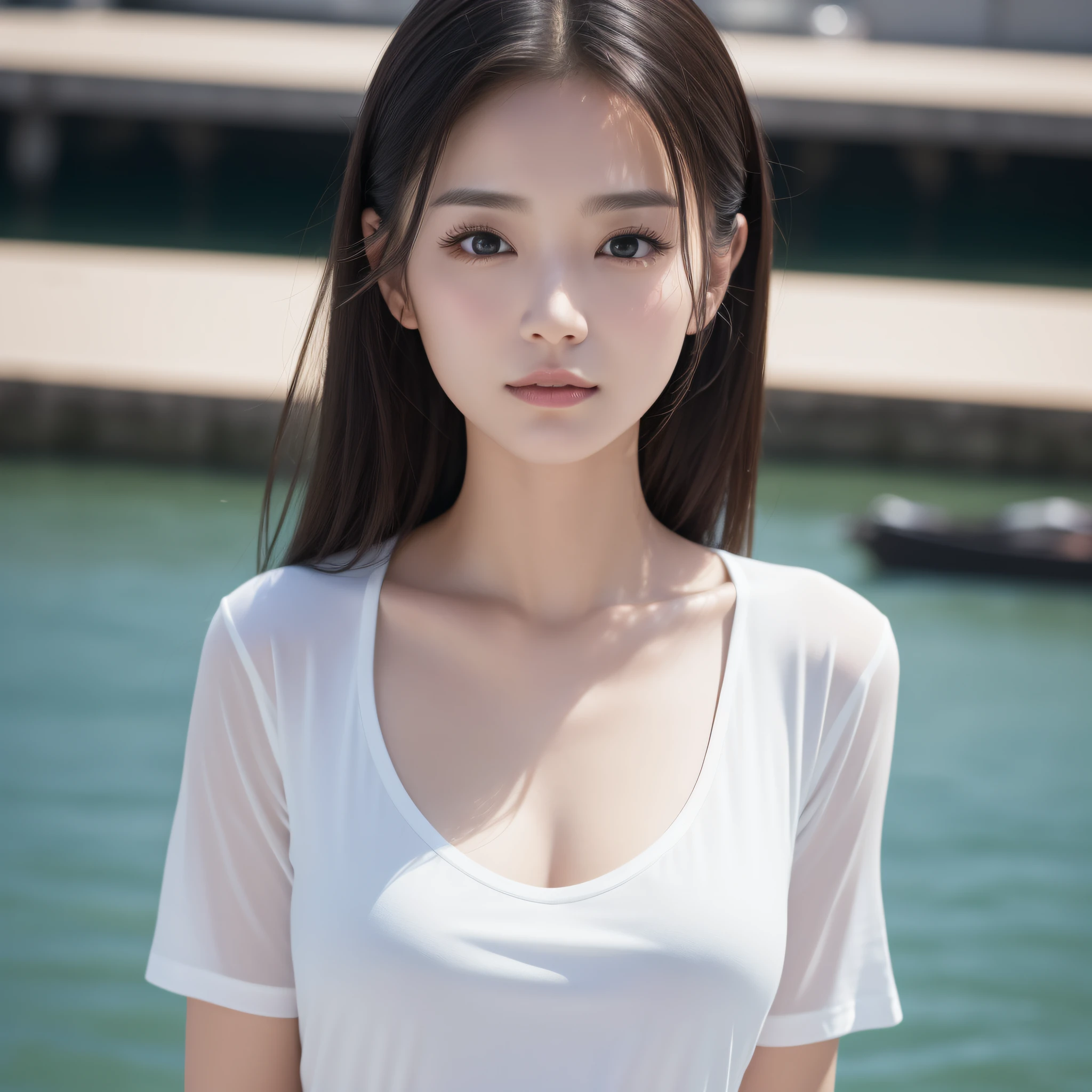 One lady、((best qualtiy、8k masterpieces:1.3))、foco nítido:1.2、(ultra beautiful faces:1.0)、(shinny skin:1.0)、photos realistic、A dark-haired、Video Lighting、High-definition eyes and face、Video Lighting、(Korean Cute Actress)、from the front side、medium breasts、ssmile、Slender Abs Beauty、Whole body、wearing t-shirts、At the quay in the early morning