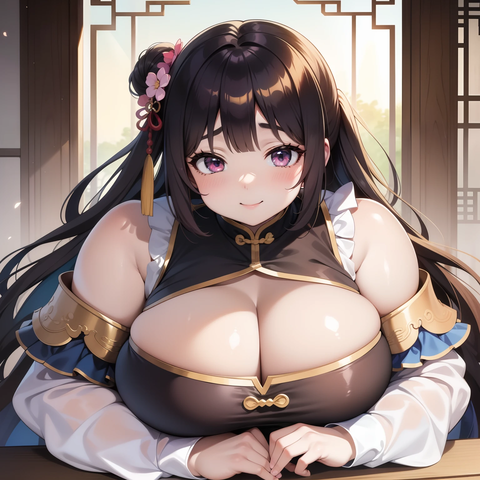(masterpiece、top-quality)、1lady、独奏、chinese clothes、Beautiful sister、Colossal tits,A big smile、bbw、facing front、huge-breasted、bbw,with round face, Lux Noceda