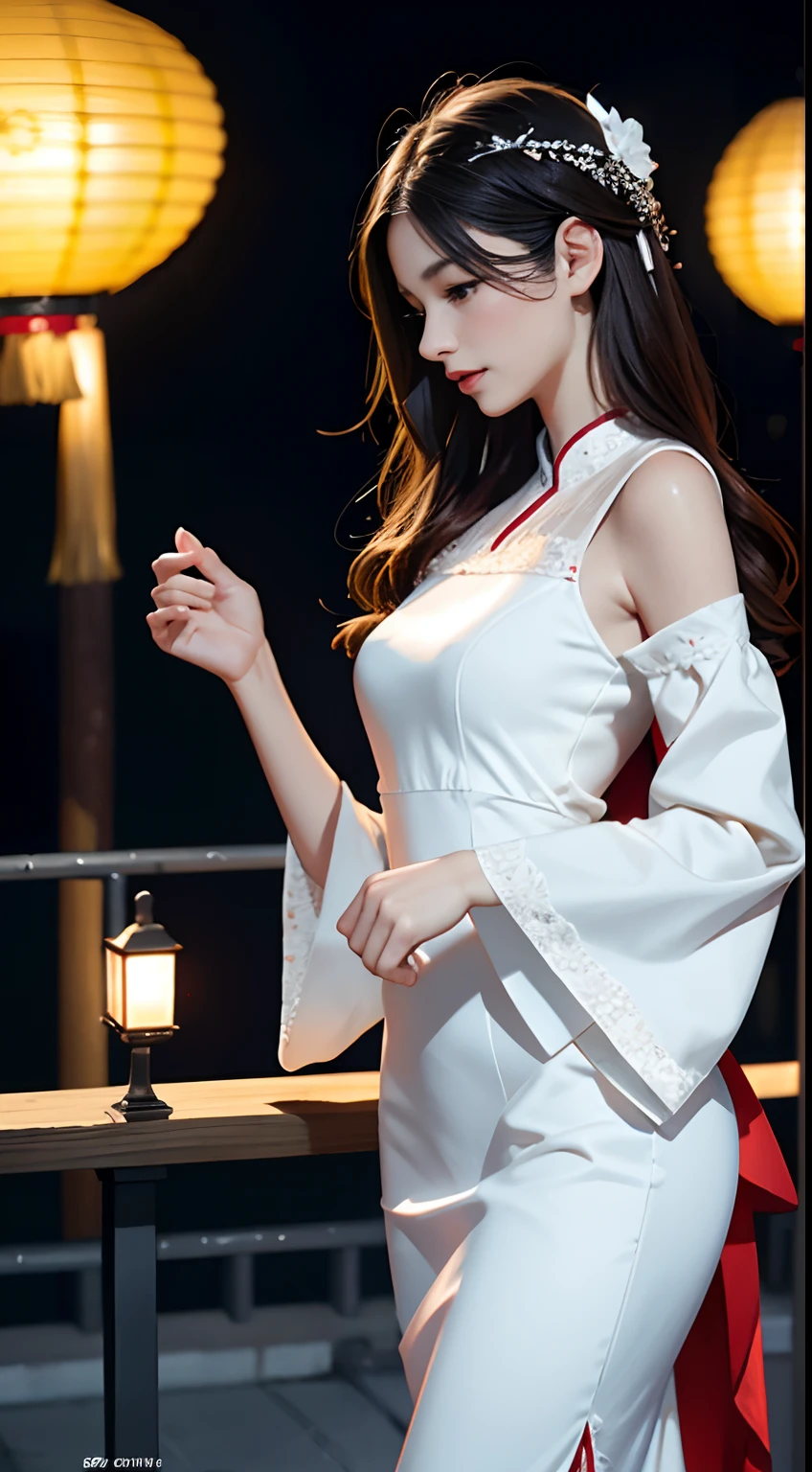 （tmasterpiece,high qulity,High realism），(Delicate figure:1.5),The face is delicate,(White skin of the:1.3),exquisitedetails，Delicate light，1 elegant woman,独奏,(((Red dress)) ), florals, longer sleeves, Raise Hand, black in color|brown  hair，largeeyes, Hanfu, Embroidery, natural poses, falling flower petals, exterior,Lanterns，16k，depth of fields，（filmgrain：1.1），（lens flare glow），rainbowing，（Color：1.5）