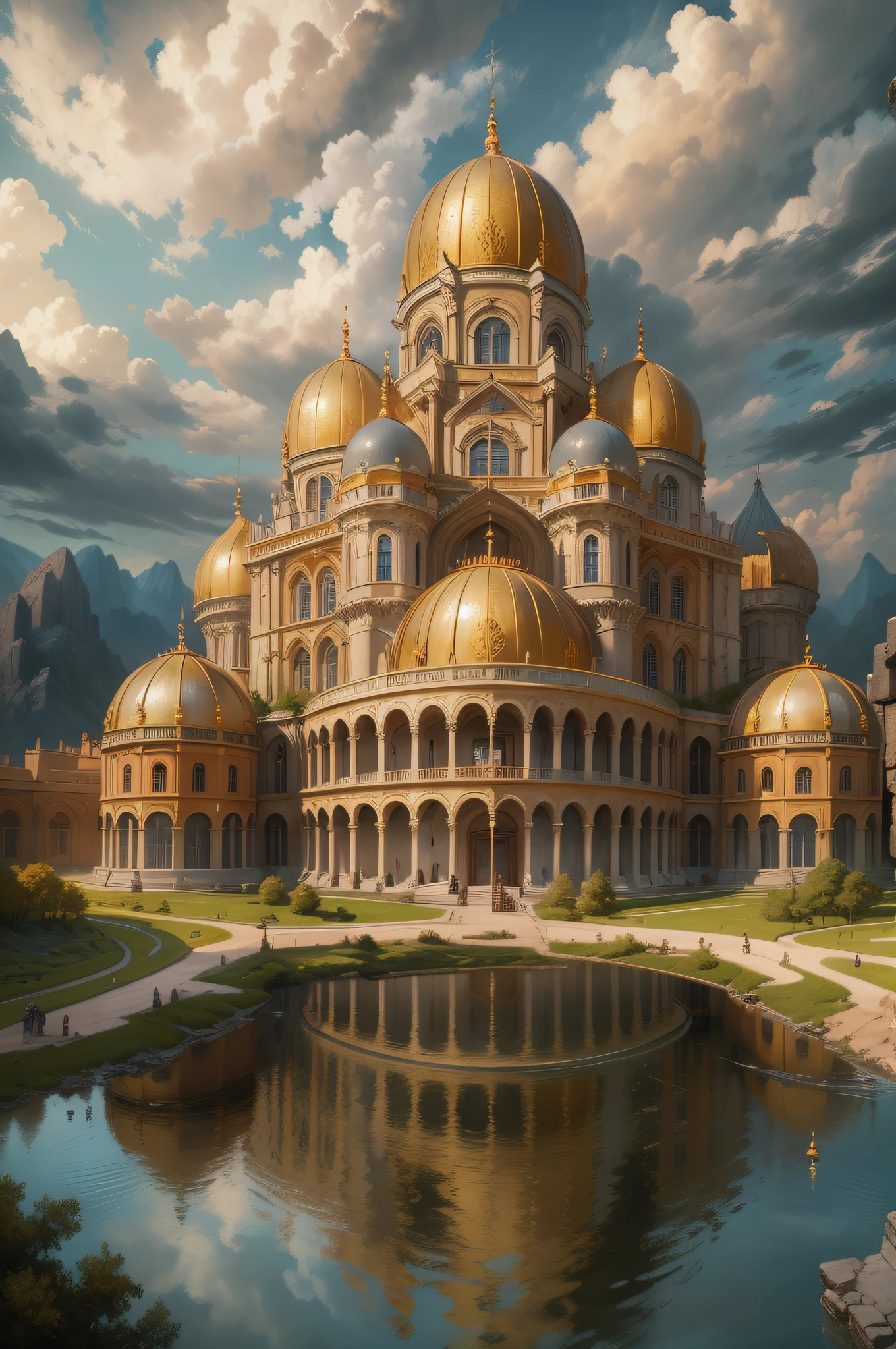 a masterwork Renaissance painting of a celestial palace in heaven, an epic palace with towers, gates, bridges, surrounded by celestial clouds, sense of divinity, touch of god, Renaissance art style, fantasy art, ultra best realistic, best details, best quality, 16k, [ultra detailed], masterpiece, best quality, (extremely detailed), ultra wide shot, photorealism, depth of field, hyper realistic painting,