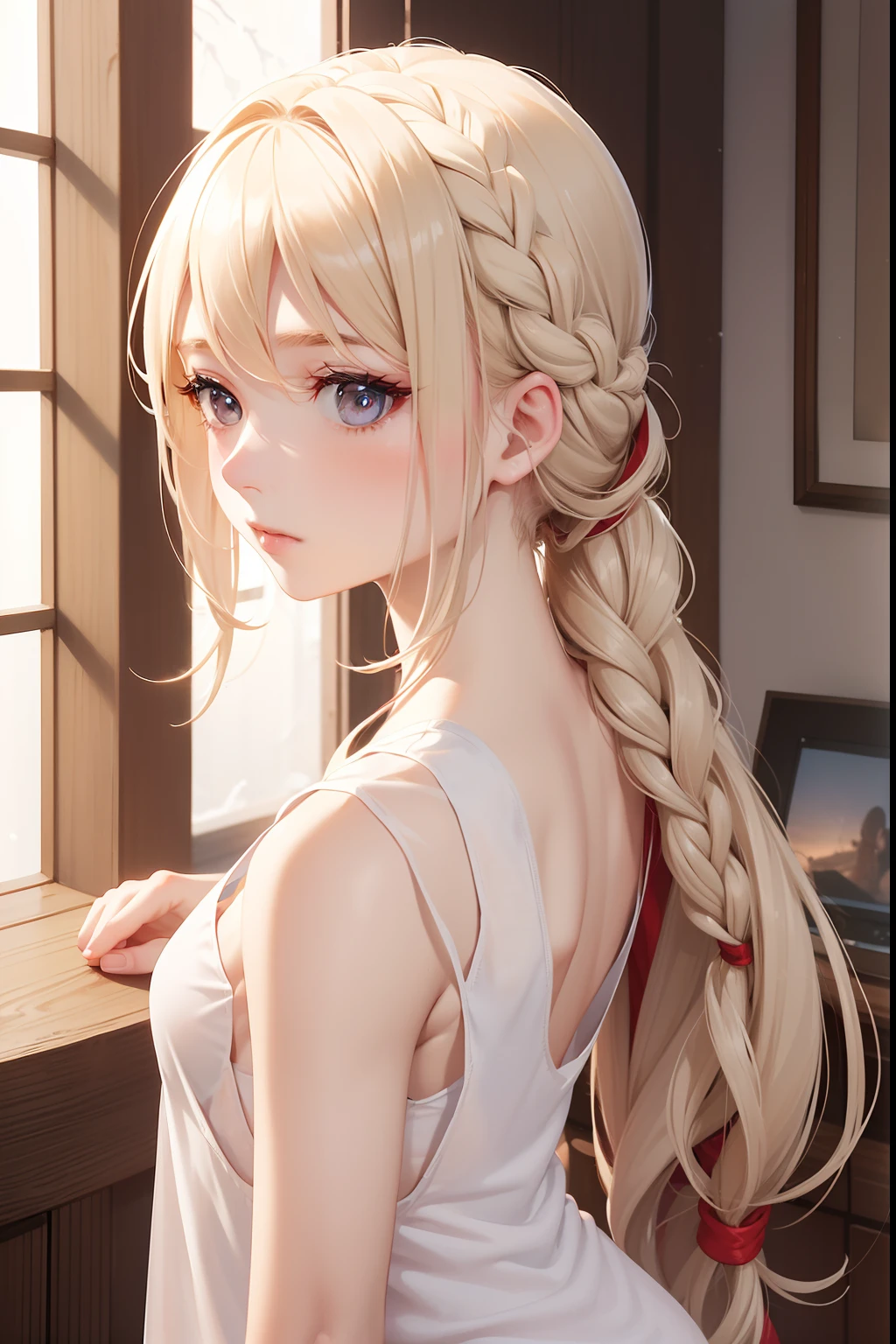 Realistic portraits、European young woman、Ash Blonde Girl、Loosely bundled braid、extremely realistic face、Ultimate Beauty、skinny  body、Snow-like skin、、Attractive butt、Awkward ass、(((White tank top and red T-back)))