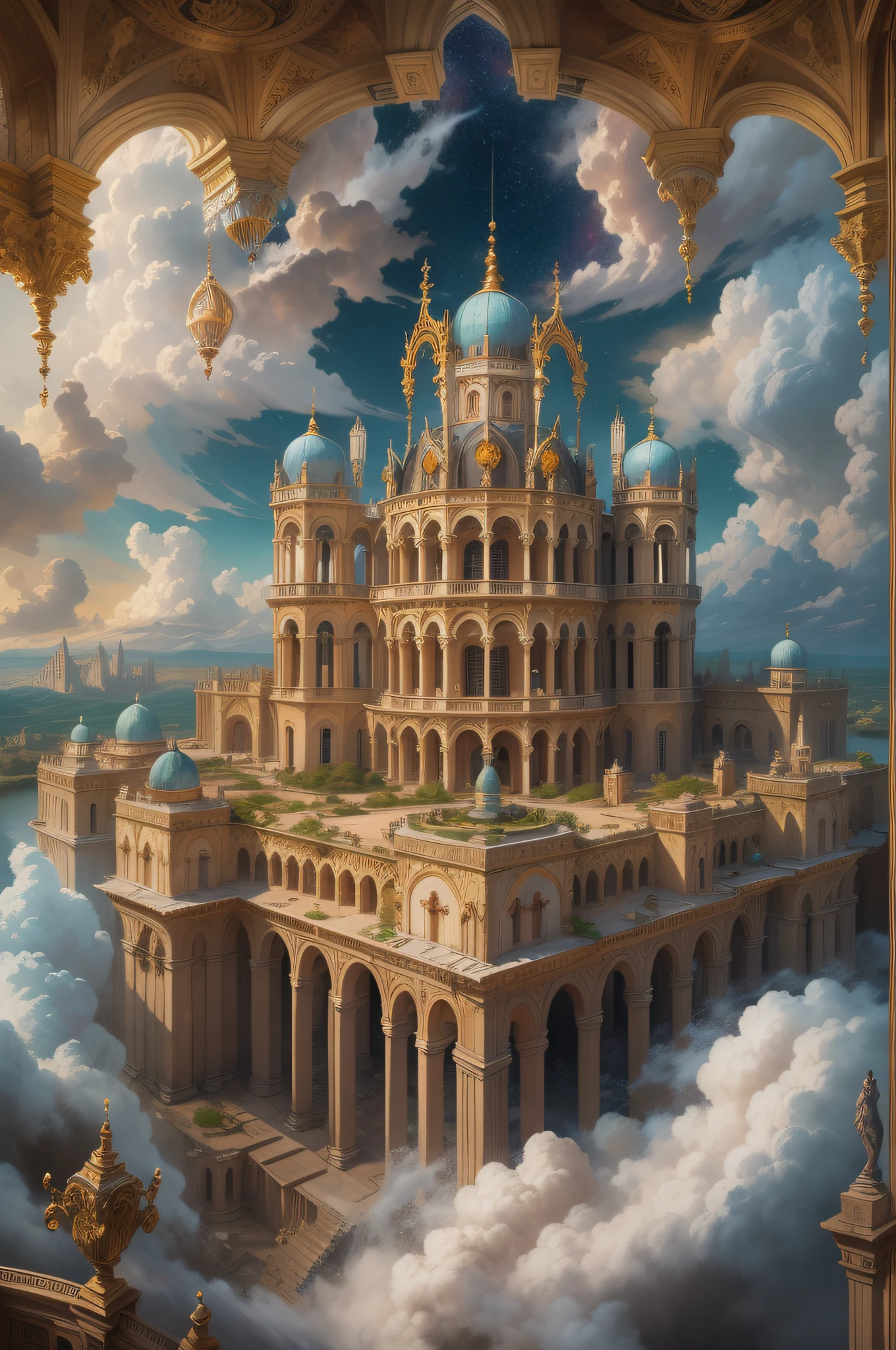 a masterwork Renaissance painting of a celestial palace in heaven, an epic palace with towers, gates, bridges, surrounded by celestial clouds, sense of divinity, touch of god, Renaissance art style, fantasy art, ultra best realistic, best details, best quality, 16k, [ultra detailed], masterpiece, best quality, (extremely detailed), ultra wide shot, photorealism, depth of field, hyper realistic painting,