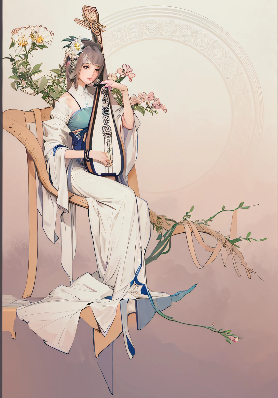 a drawing，A woman sits on a branch，There are flowers, beautiful line art, extremely fine ink lineart, exquisite line art, lineart behance hd, Line art, Alfonse Mucha ， from china, perfect lineart, clean lineart, linear art, line art colouring page, inspired by Tang Yin, Alphonse Mucha elaborated, detailed line art