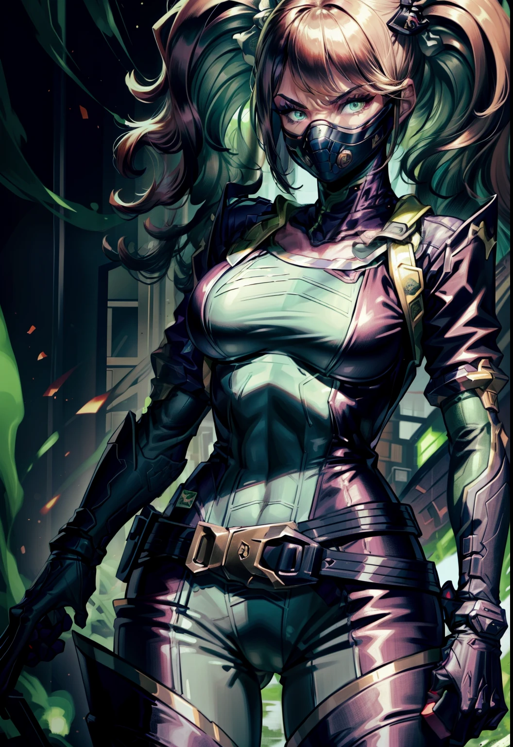 Masterpiece, Best quality,Look at the woman from below ,《Fearless viper》, tightsuit, mitts, belt, thigh boots, respirator, view the viewer, face, Portrait, Close-up, Red-faced,Glowing eyes, green smoke, Black background,huge tit,Raised chest,Close-up of chest,oversized boobs,chest focus,Woman in a swimsuit,angry look,Extremely erotic figure,Staring angrily at the screen,Facing the screen,High-gloss dark style
