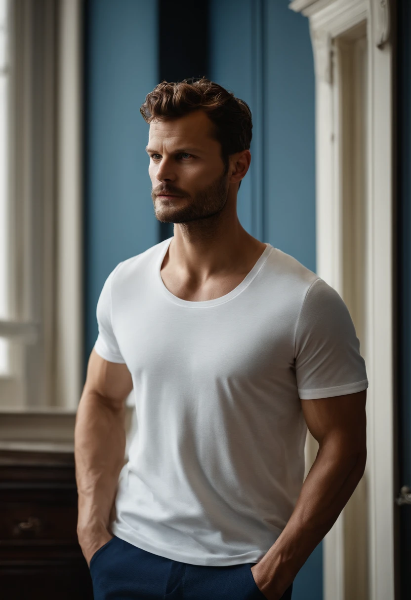 (Mann mit T-Shirt), ), (Vollbart tragen,) Attractive and serious appearance, dunkelbraune Haare, Stilvoll und elegant, and strong body t-shirt, Man similar to actor Jamie Dornan, (High quality and realistic image), in the background Scandinavian apartment with designer furniture and with blue wall paint in the background, ((best quality, 8K, Meisterwerk).