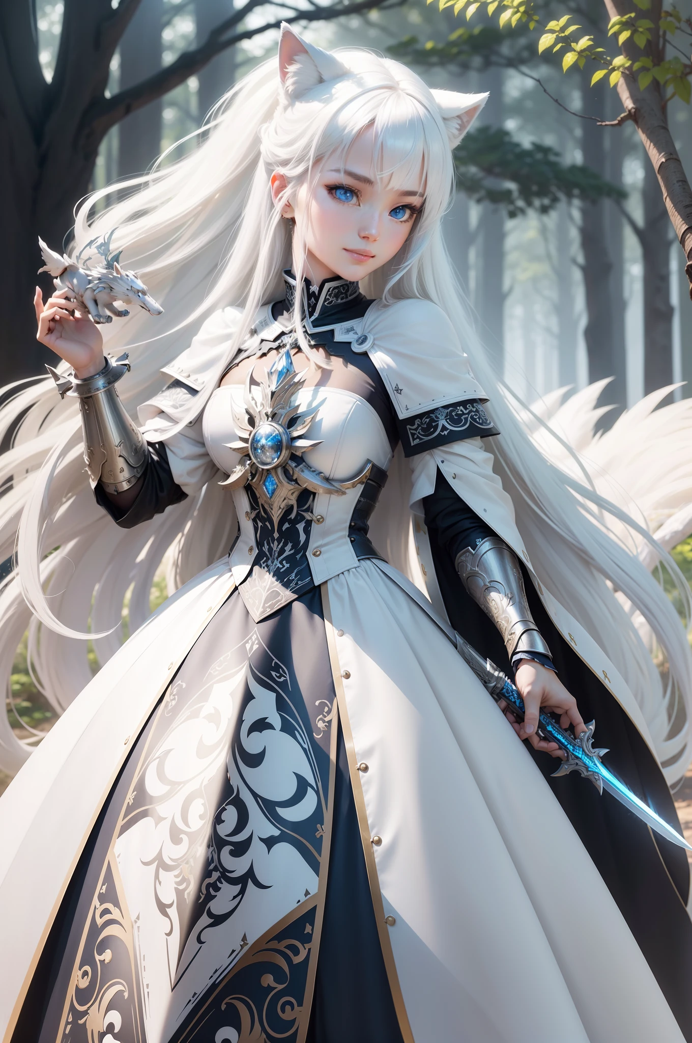 Bright and refreshing space、White is the key.、Smiling kindly、peaceful、Tiere、Not a person、unmanned、in woods、White Wolf、cyborgs、Metal Wolf、Have a beautiful sword、Shining blue eyes、1bolt、(intricate-detail)、nffsw、(intricate-detail、ultra-detailliert:1.2)、Cinematic shots、vignettes、central,、top grade、Eyes are clear、The sword shines