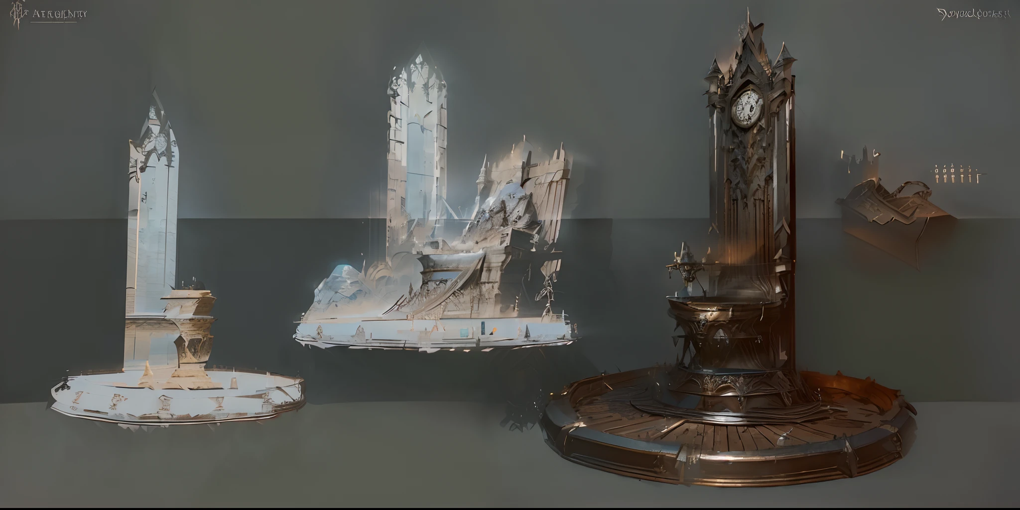 There are three different types of clocks on the table, object concept art, artstation concept, trending on polycount, artstation concept art, Gothic epic library concept, polycount contest winner, senior concept artist, as seen on artstation, by senior environment artist, Trend at Artstation, lying a throne in a fantasy land, 3 d concept art
