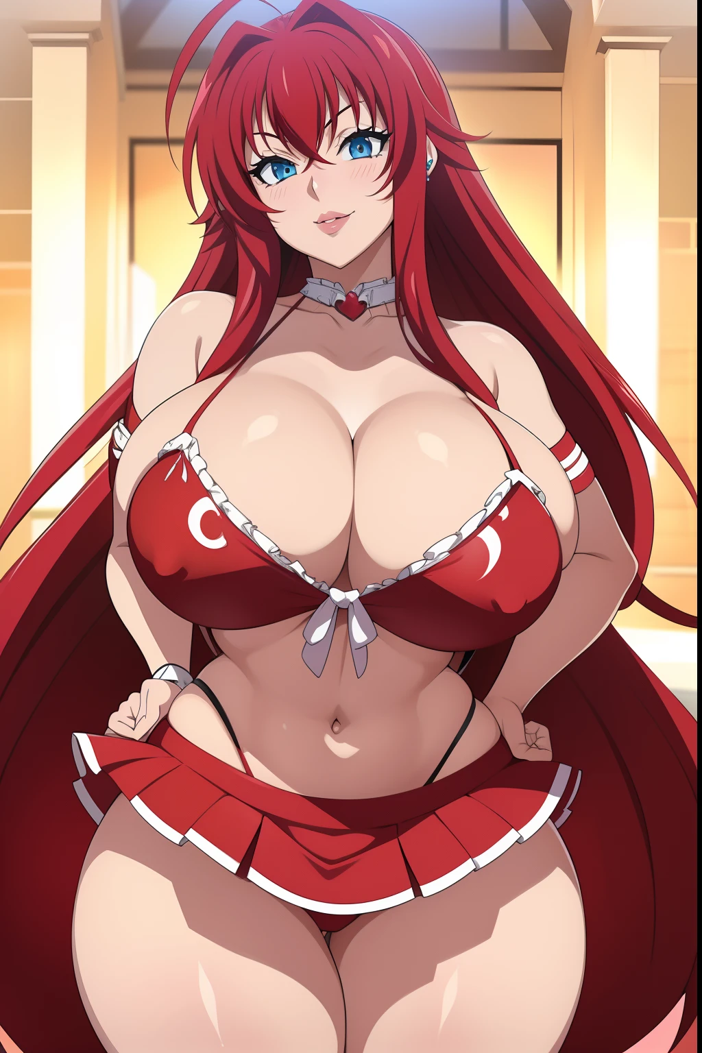 Highschool dxd, Rias Gremory,1girl, (((bimbo))), long red hair , blue eyes, ear rings, (((bimbo))), puffy lips, painted lips, thick lips, smile face, wide hips, thick thighs, huge round ass, huge natural Hitomi Tanaka breasts, cheerleader,