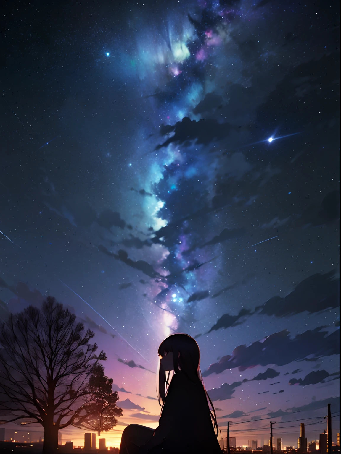 sky, star (sky), scenery, starry sky, night, 1girl, night sky, solo, outdoors, building, cloud, milky way, sitting, tree, long hair, city, silhouette, cityscape