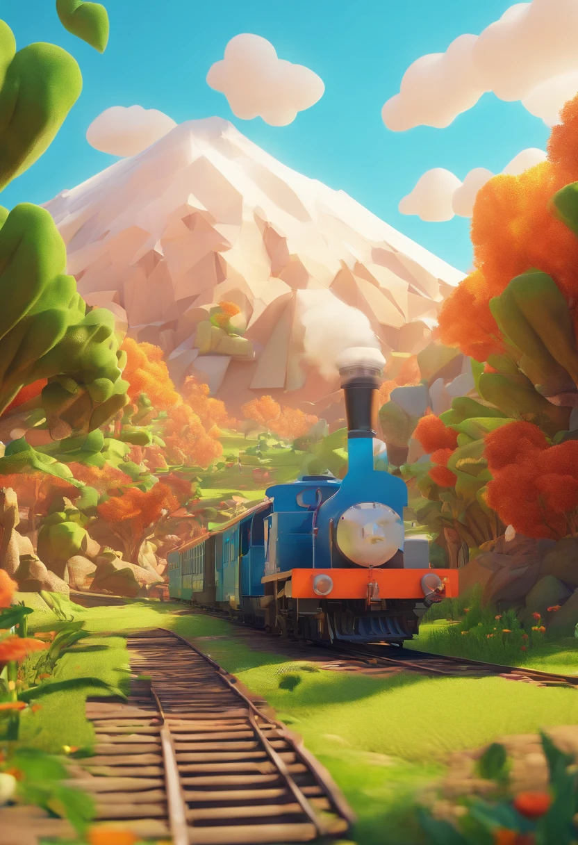 A moving train，moutains, grassy fields, Blue sky and white cloud background, and the sun was shining brightly, Cartoony, 3 d model, OC renderer, surrealism, hyper photorealism, 8K, Award-Awarded, Best quality, High quality, hyper HD, Super detail, A high resolution