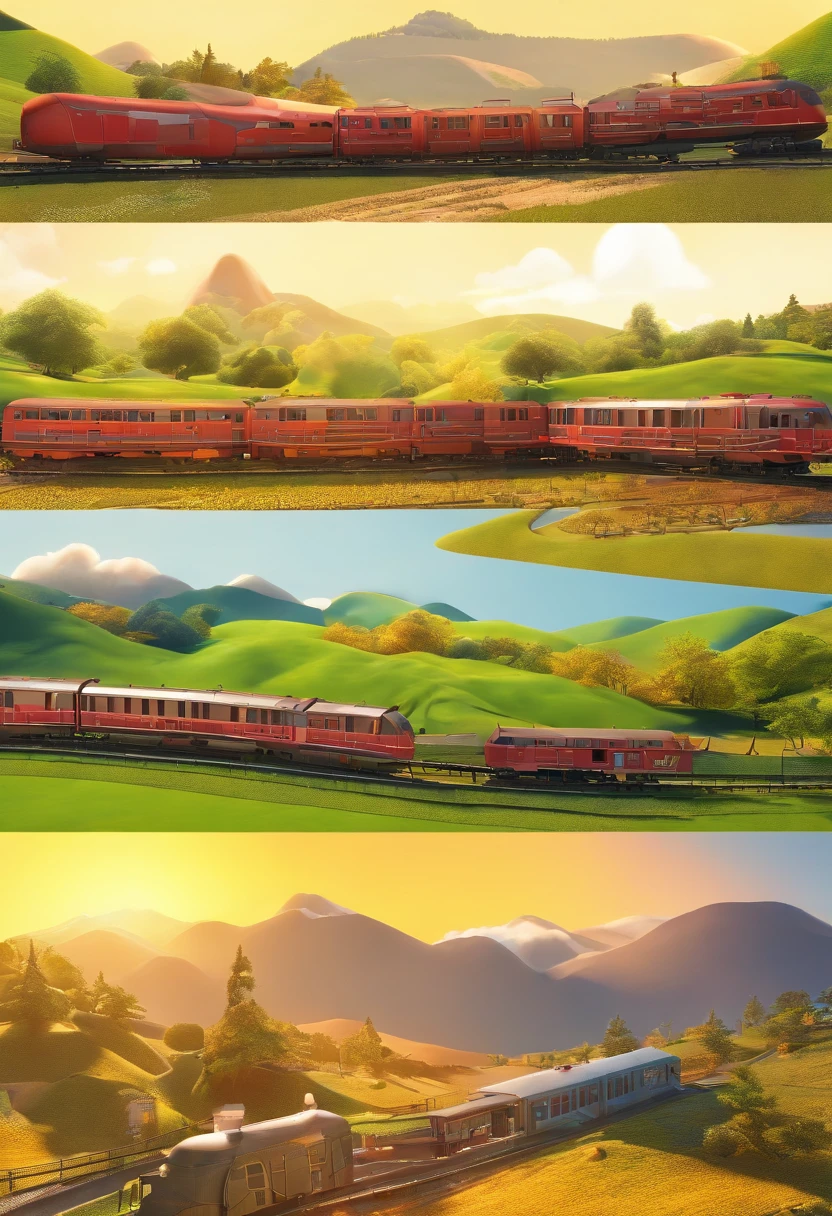 A moving train,moutains, grassy fields, Blue sky and white cloud background, and the sun was shining brightly, Cartoony, 3 d model, OC renderer, surrealism, hyper photorealism, 8K, Award-Awarded, Best quality, High quality, hyper HD, Super detail, A high resolution