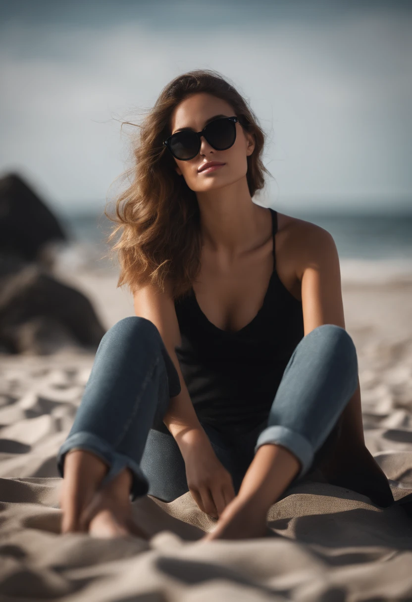 Girl sitting on the beach wearing black sun glasses