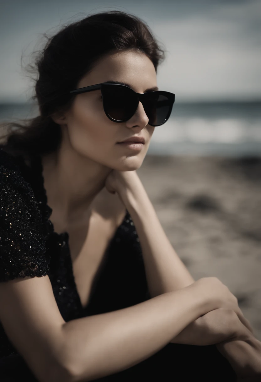 Girl sitting on the beach wearing black sun glasses