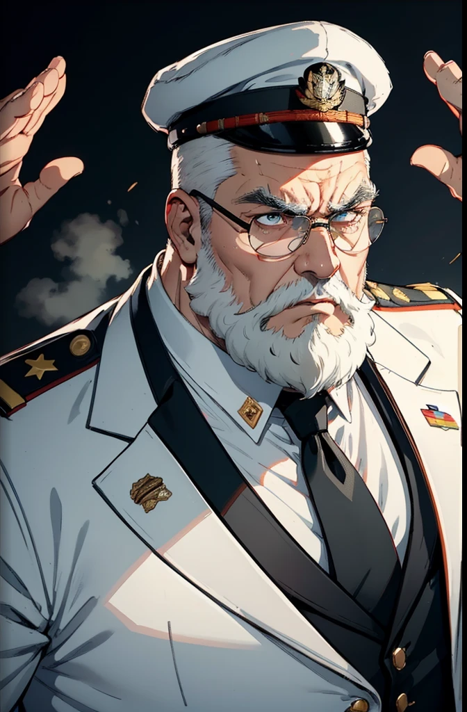 An elderly man dressed as a commander (1.5) with a very shocked expression with his mouth open, and the background is a large combat command with many large screens