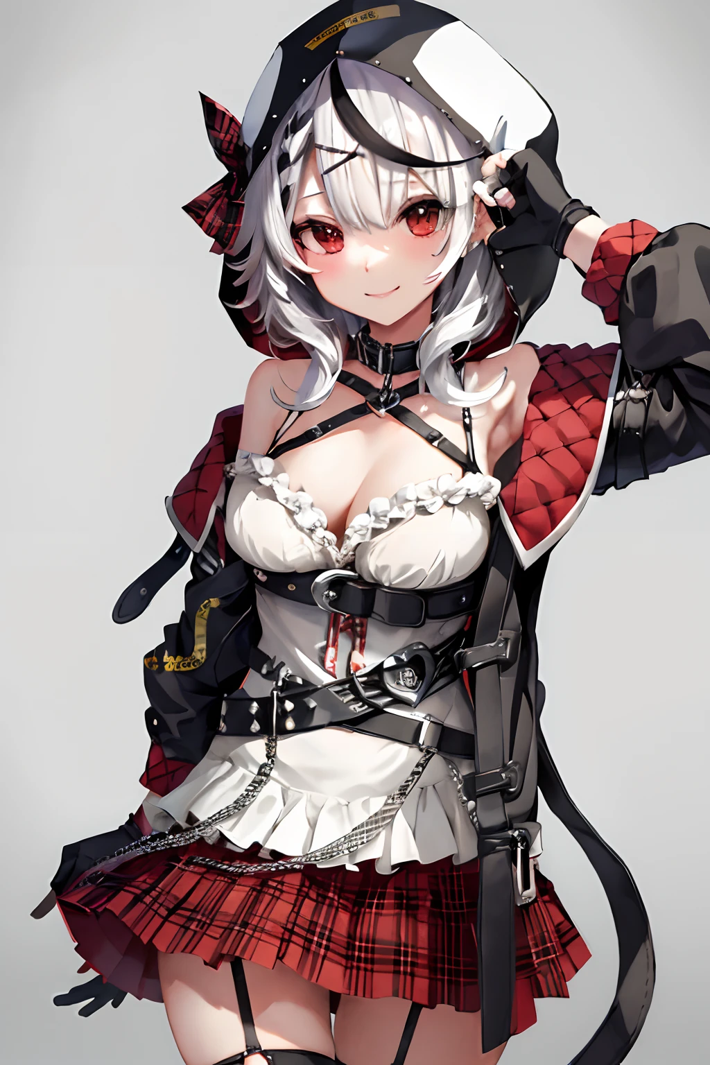 ​masterpiece、top-quality、Hi-Res、女の子1人、独奏、redeyes、Reverse crotch Chloe、garter strap、Black fingerless gloves、Torn Niso、white  hair、hair adornments、Multicolor hair、plaid skirts、Streak hair、cleavage of the breast、× hair ornament、A dark-haired、a red skirt、Black collar、White camisole、mideum breasts、a miniskirt、pleatedskirt、Black Thigh Socks、Braids、white  shirt、Black belt、Medium hair、Black jacket、Plaid ribbon、Hood Up、long-sleeve、off shoulders、a smile、deph of field、walking、Sheer nipples、A sexy